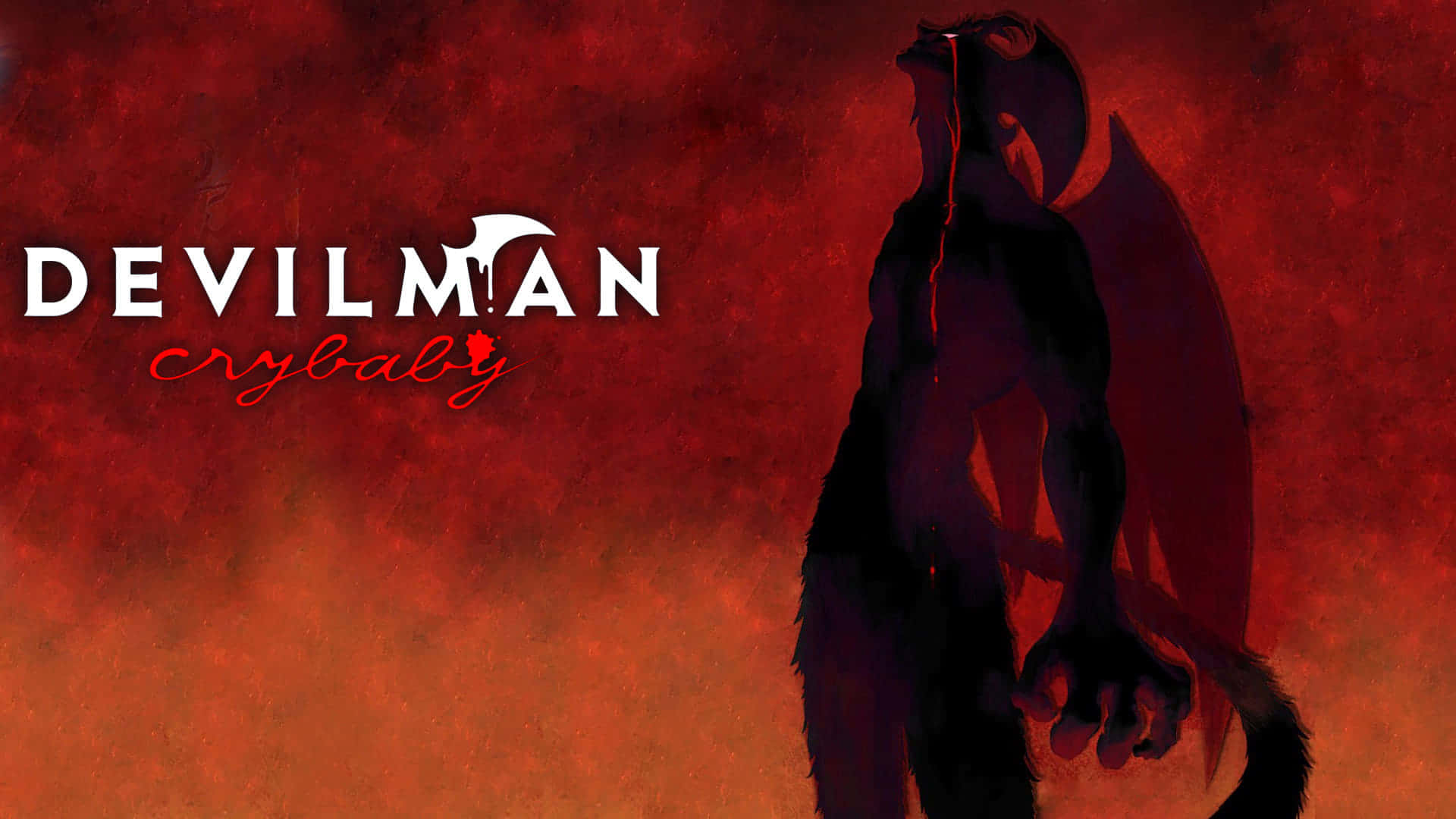 Devilman Crybaby 桌布 壁紙 — 一個黑暗惡魔般的人物，長有翅膀和角頭，站在火紅紋理背景前，標題為《惡魔人 Crybaby》。