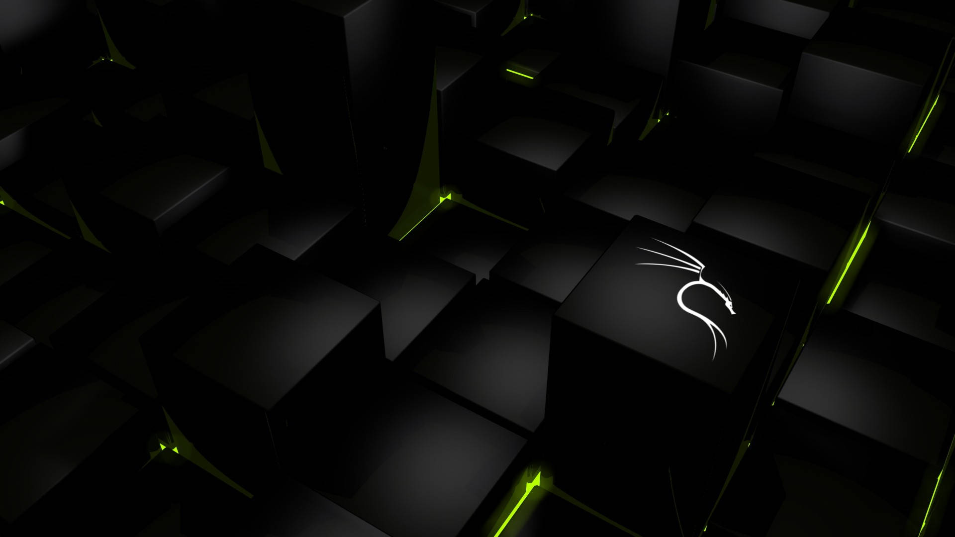 Linux 桌布 壁紙 — 一個黑暗抽象場景，黑色立方體帶有發光綠色邊緣，其中一個立方體上有白色龍標誌。
