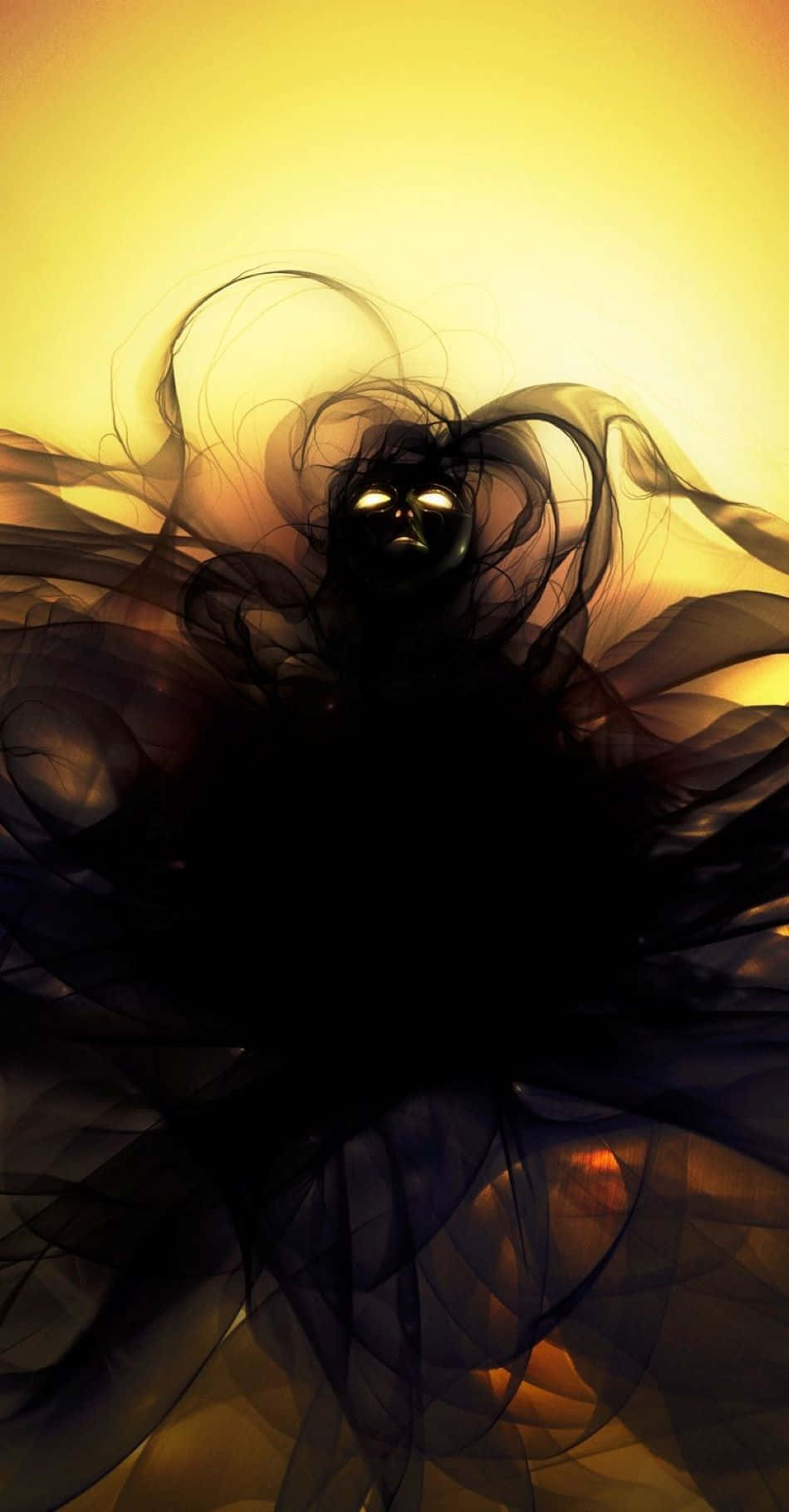 Dark Power 桌布 壁紙 — 一個黑暗旋轉的剪影，帶有發光的眼睛，在燦爛的金黃色背景上浮現。