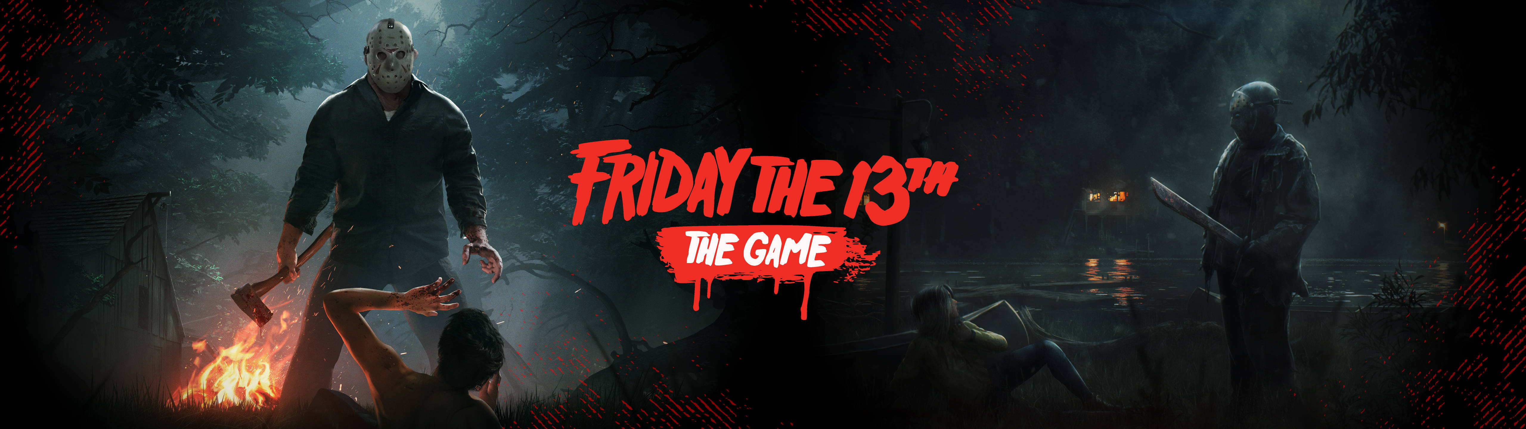 5120x1440 gaming 桌布 壁紙 — 一個黑暗森林場景，Jason Voorhees 在營火附近揮舞斧頭，受害者逃跑，另一個殺手潛伏在陰影中。