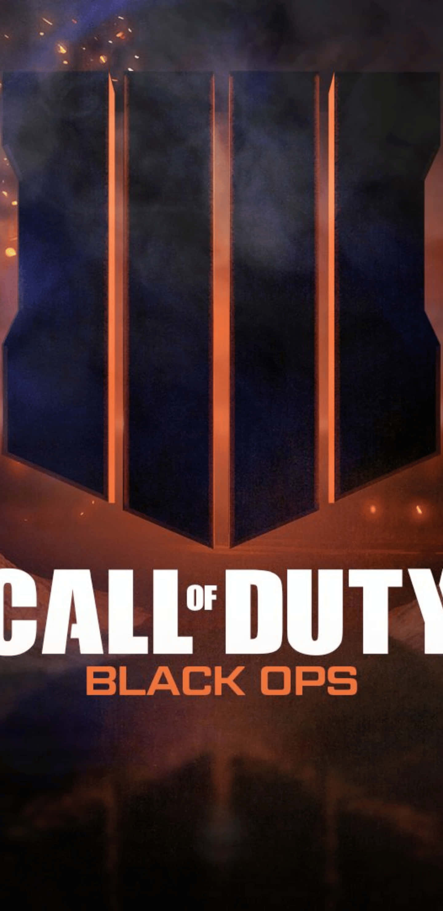 Pixel 3xl Call Of Duty Black Ops 4 桌布 壁紙 — 一個黑暗煙霧背景，帶有發光的橙色垂直線條和火花，位於大膽的白色和橙色 Call of Duty Black Ops 標誌上方。