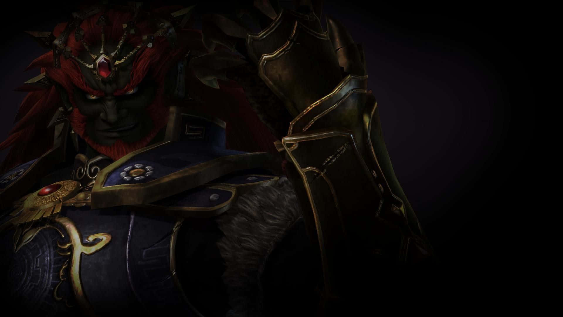 Ganondorf 桌布 壁紙 — 一個黑暗燈光的奇幻戰士，紅髮與華麗盔甲，在黑色背景下強烈凝視。