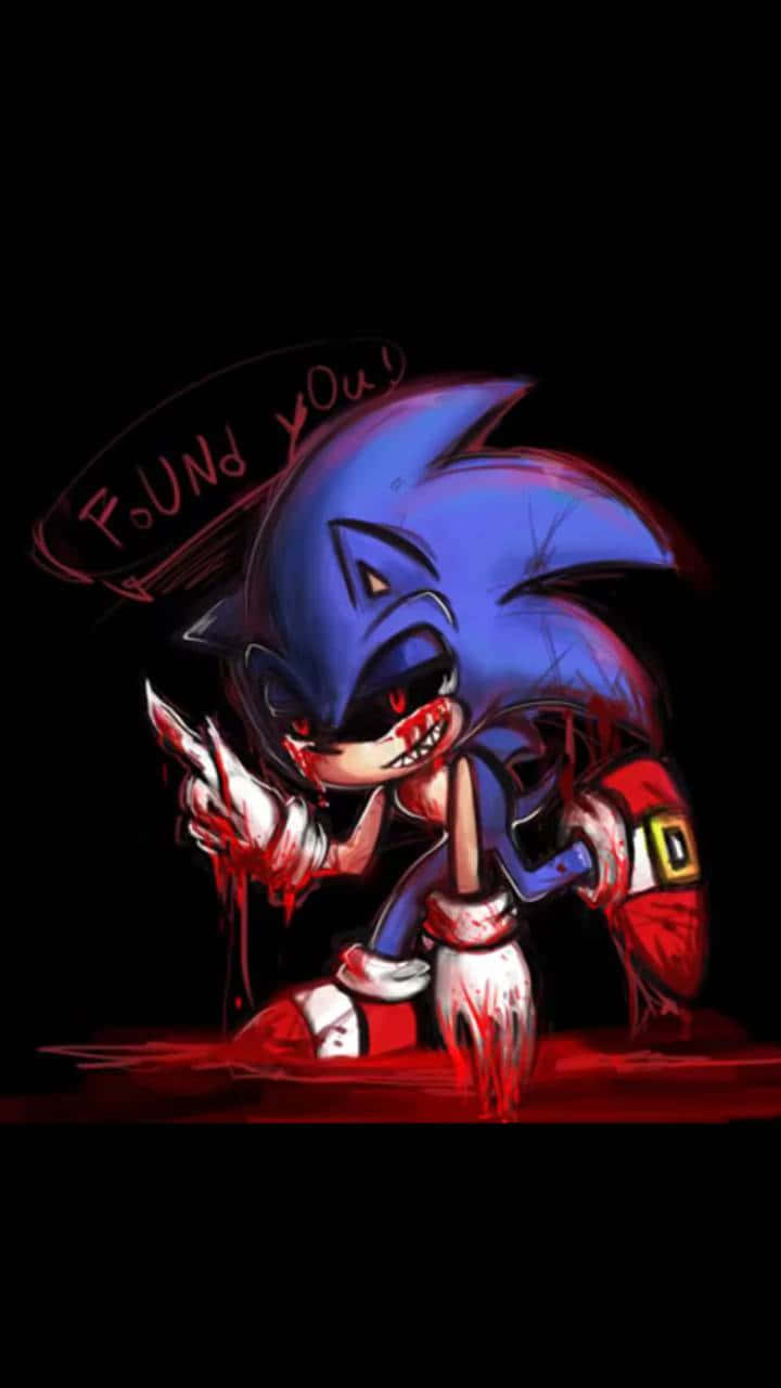 Sonic Exe 桌布 壁紙 — 一個黑暗版Q版索尼克，帶有血淋淋的爪子和邪惡的笑容，蹲在黑色背景前的紅色水坑中。