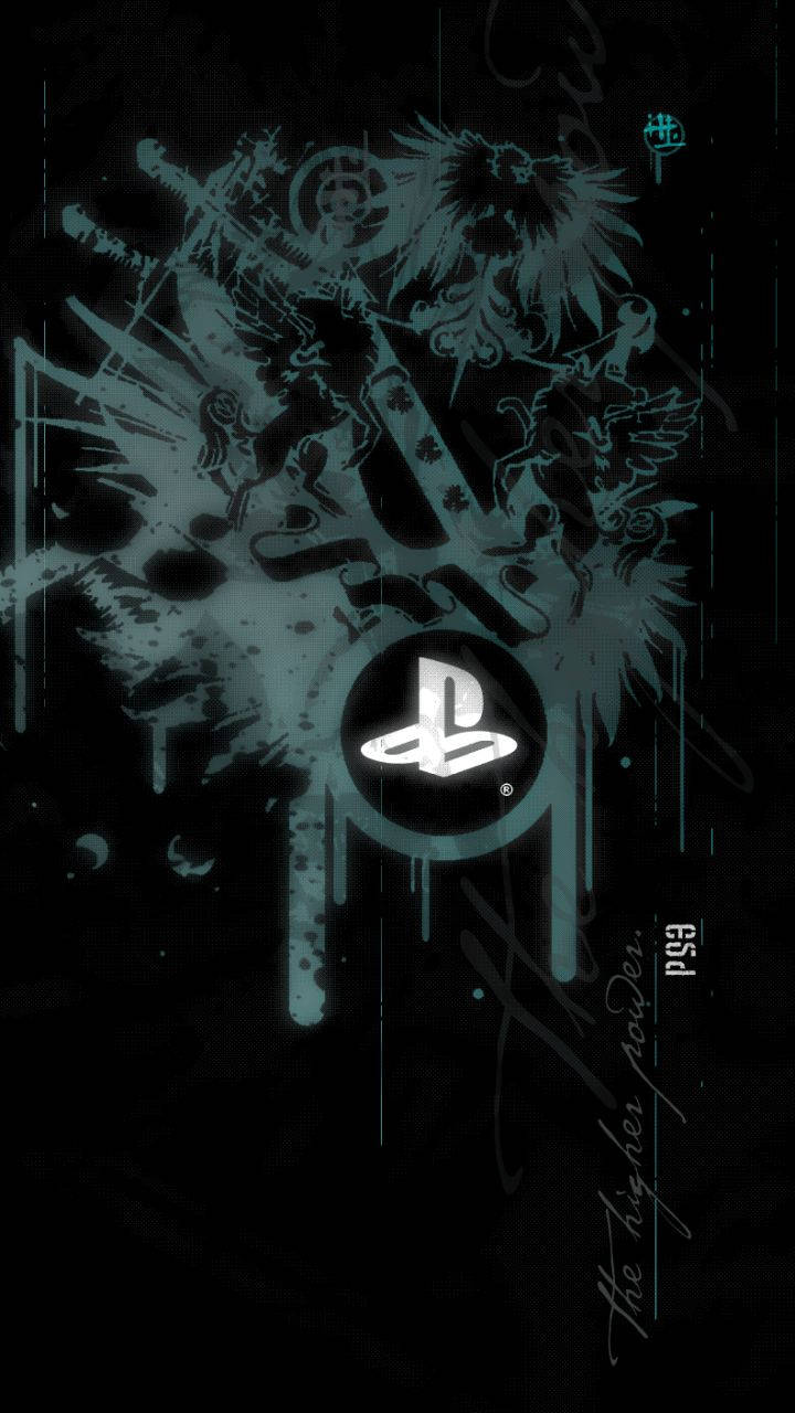 PlayStation 桌布 壁紙 — 一個黑暗的 grungy PlayStation 標誌，周圍有藍綠色飛濺和幻想生物在黑色背景上。