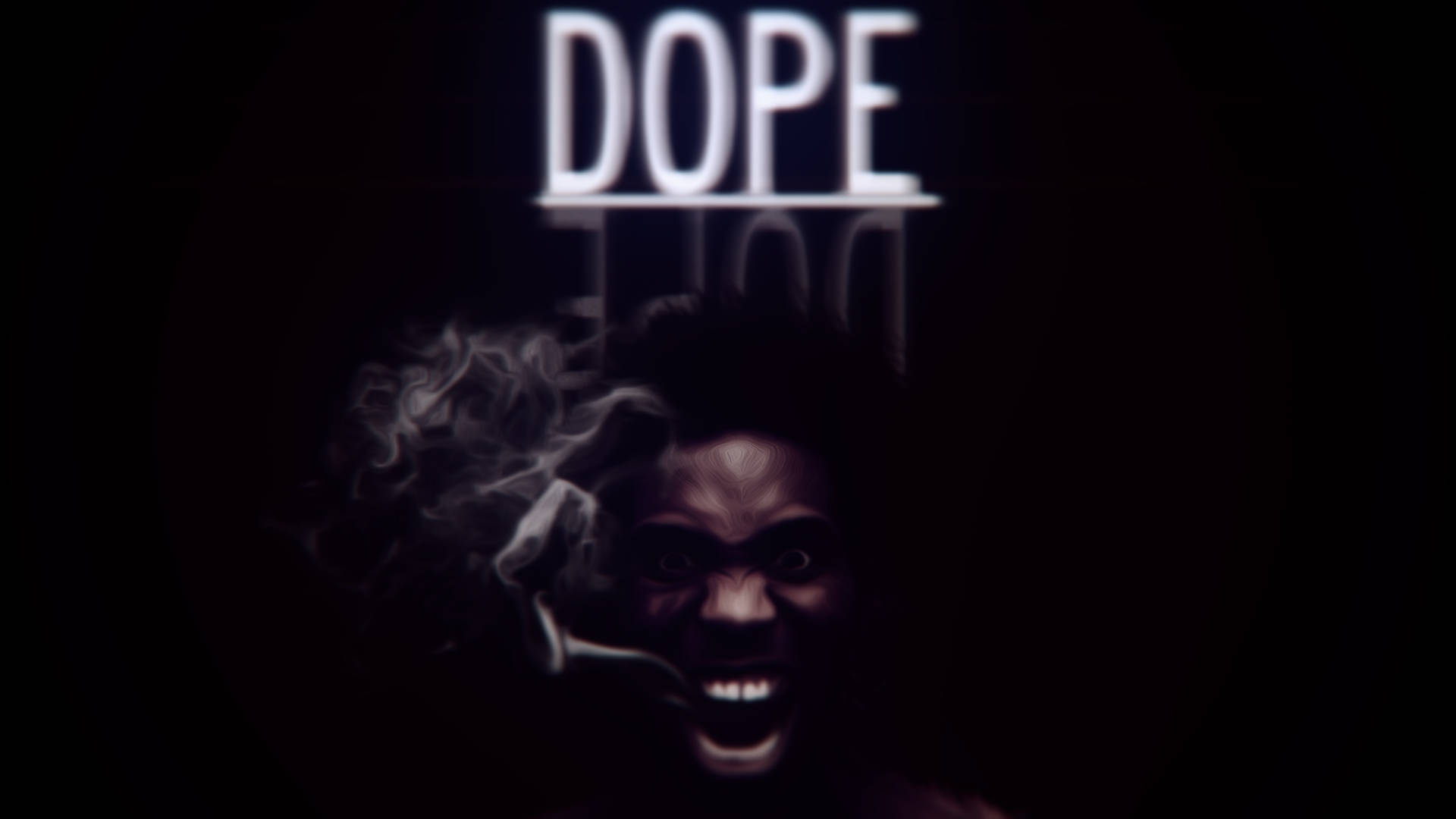 超讚動畫 桌布 壁紙 — 一個黑暗的人物肖像，煙霧在發光的「DOPE」文字下環繞頭部。