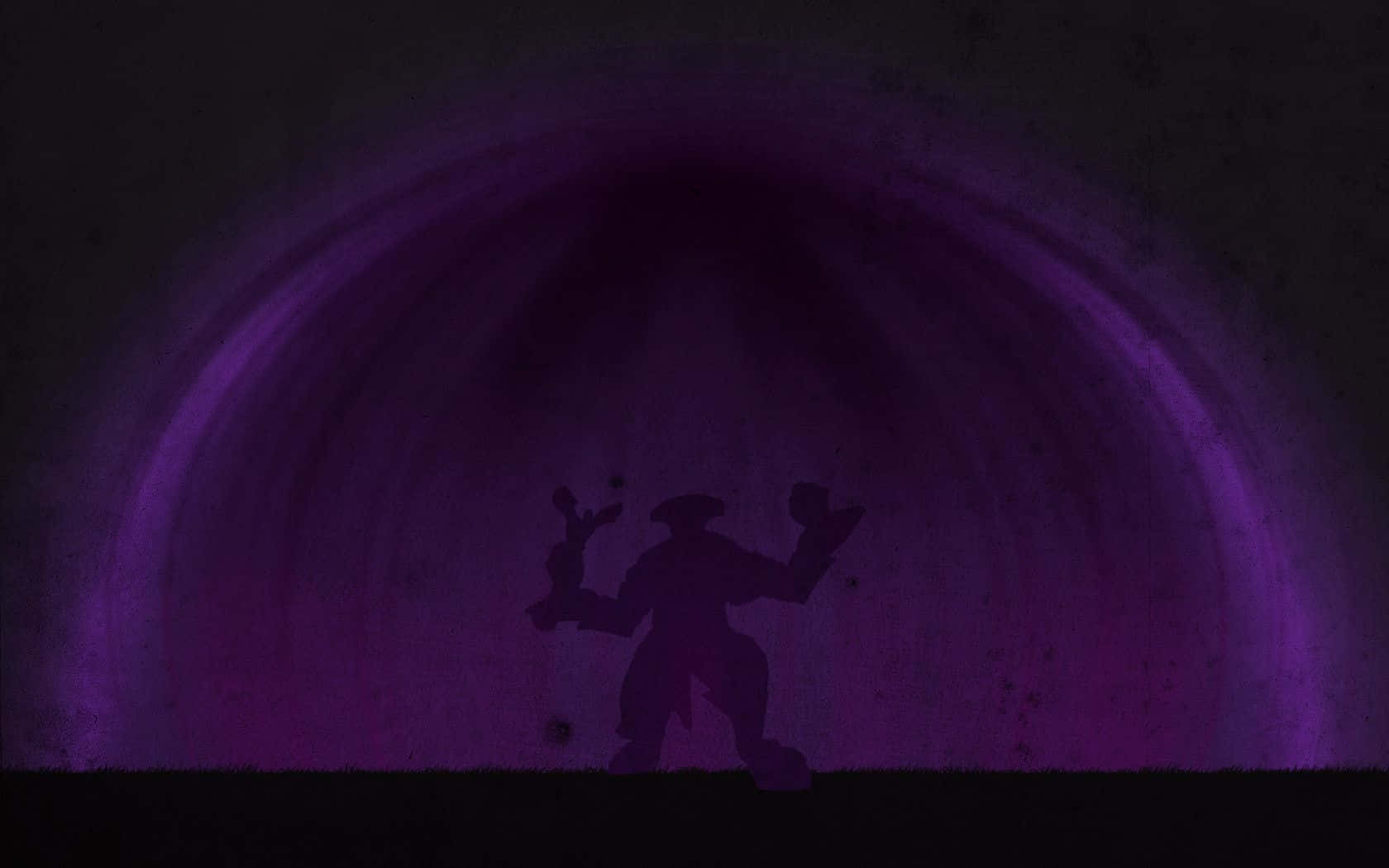 Faceless Void 桌布 壁紙 — 一個黑暗的剪影，一個人影拿著兩件物體，站在一條陰暗隧道中一個發光的紫色拱門前。