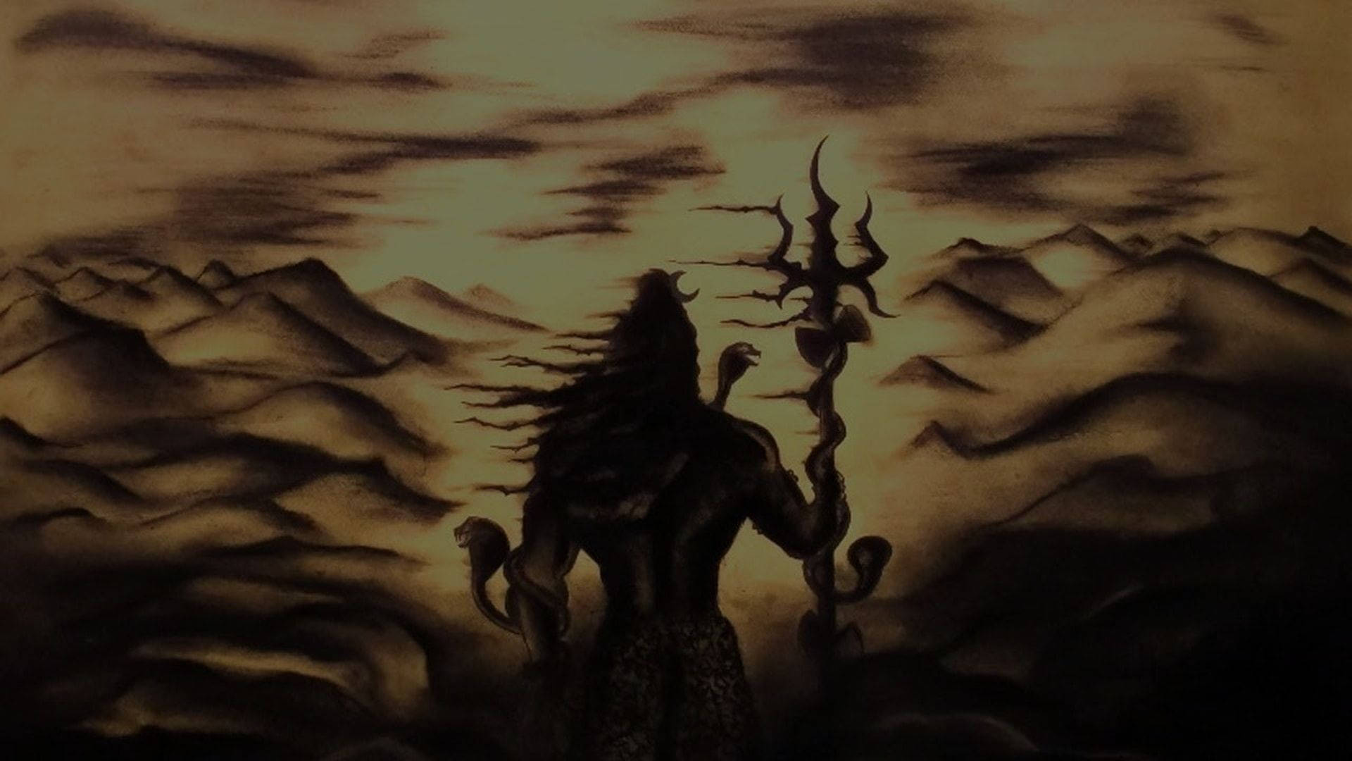 shiva dark 桌布 壁紙 — 一個黑暗的剪影，一個有角的神祇手持三叉戟，站在山脈頂端，天空發光。