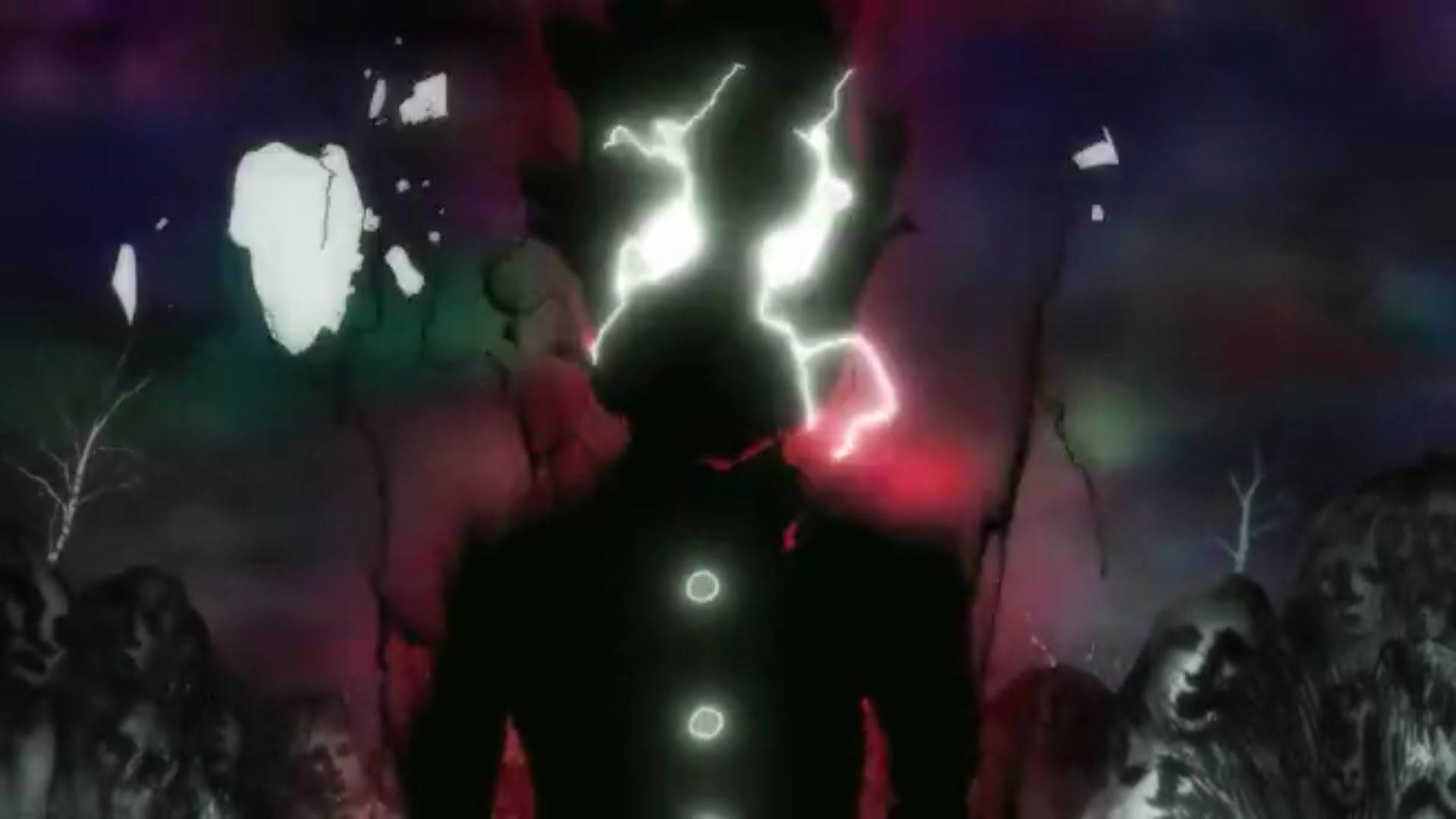 psycho 桌布 壁紙 — 一個黑暗的剪影，人物擁有發光的閃電眼睛，站在一群幽靈般的面孔前，背景是風暴般色彩繽紛的天空。