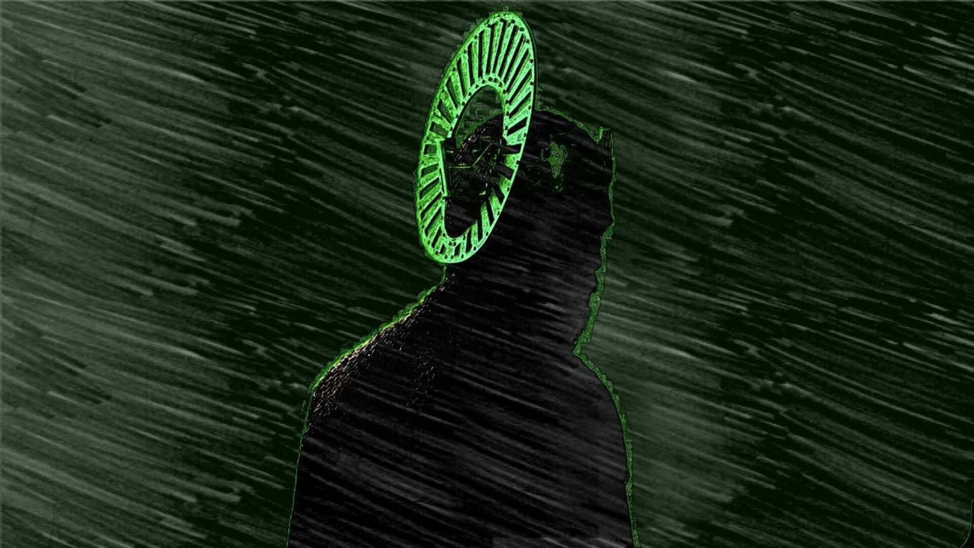 The Green Knight 桌布 壁紙 — 一個黑暗的剪影，頭部是一個發光的綠色鐘面，站在暴風雨的綠色背景前。