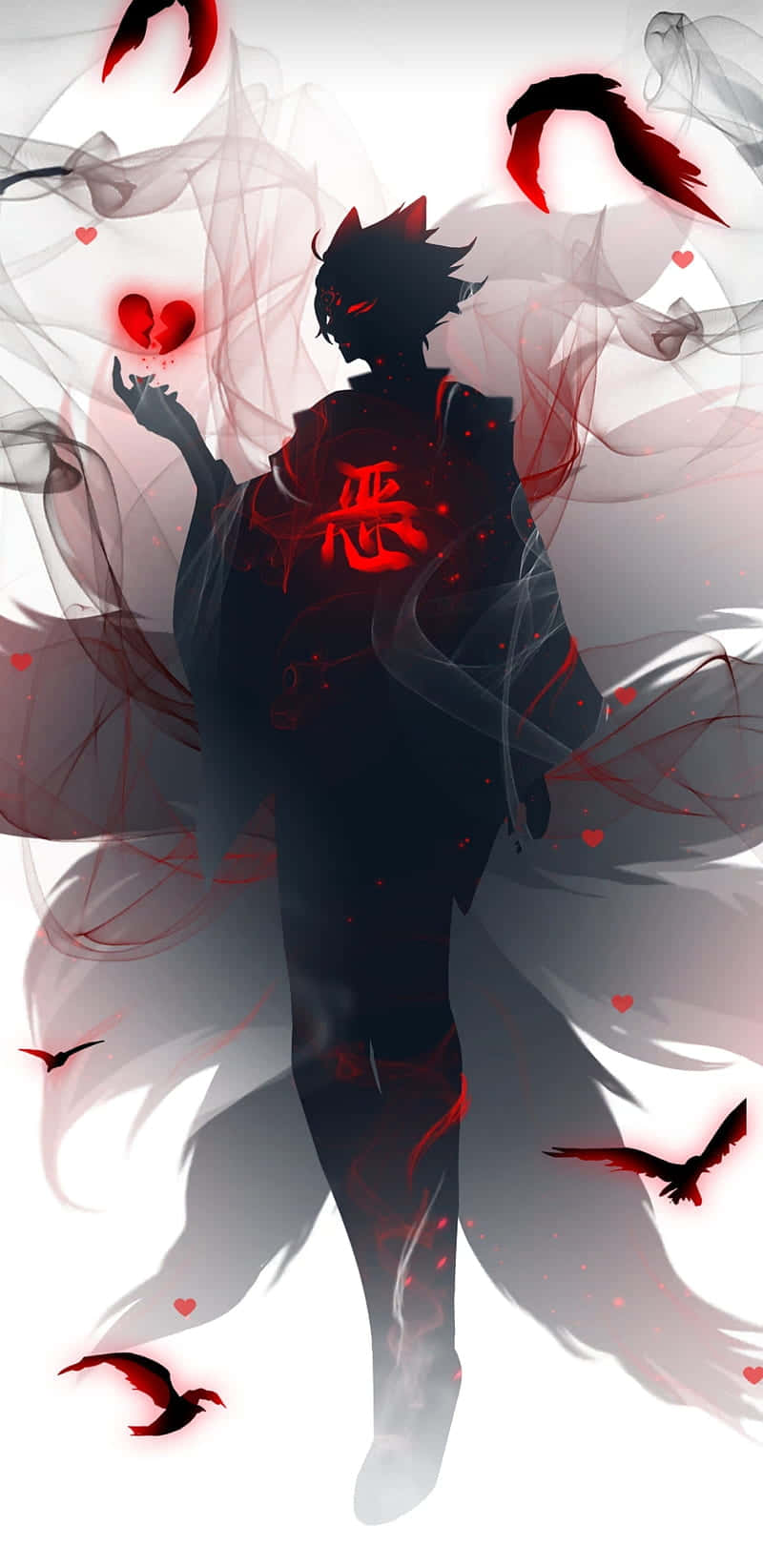 Horror Anime Boy 桌布 壁紙 — 一個黑暗的動漫人物，眼睛發出紅光，背上帶有漢字，被紅色心形和鳥類包圍，背景為白色。