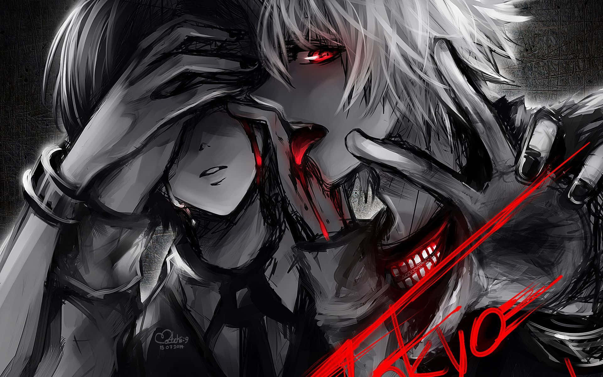 Horror Anime Boy 桌布 壁紙 — 一個黑暗的動漫場景，一個白髮紅眼的角色，笑容中滴著血，籠罩著一個雙手捂臉的順從角色。