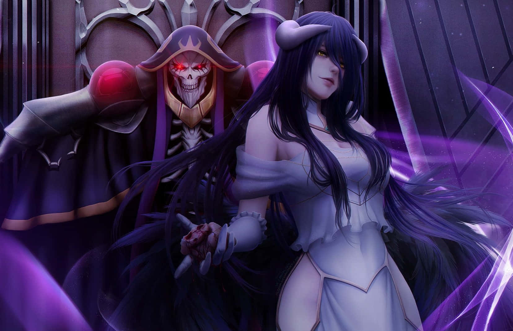 Overlord 桌布 壁紙 — 一個黑暗的動漫場景，一個紫髮女子身穿白色盔甲，站在一個擁有發光紅眼和發光劍的骷髏海盜旁邊。