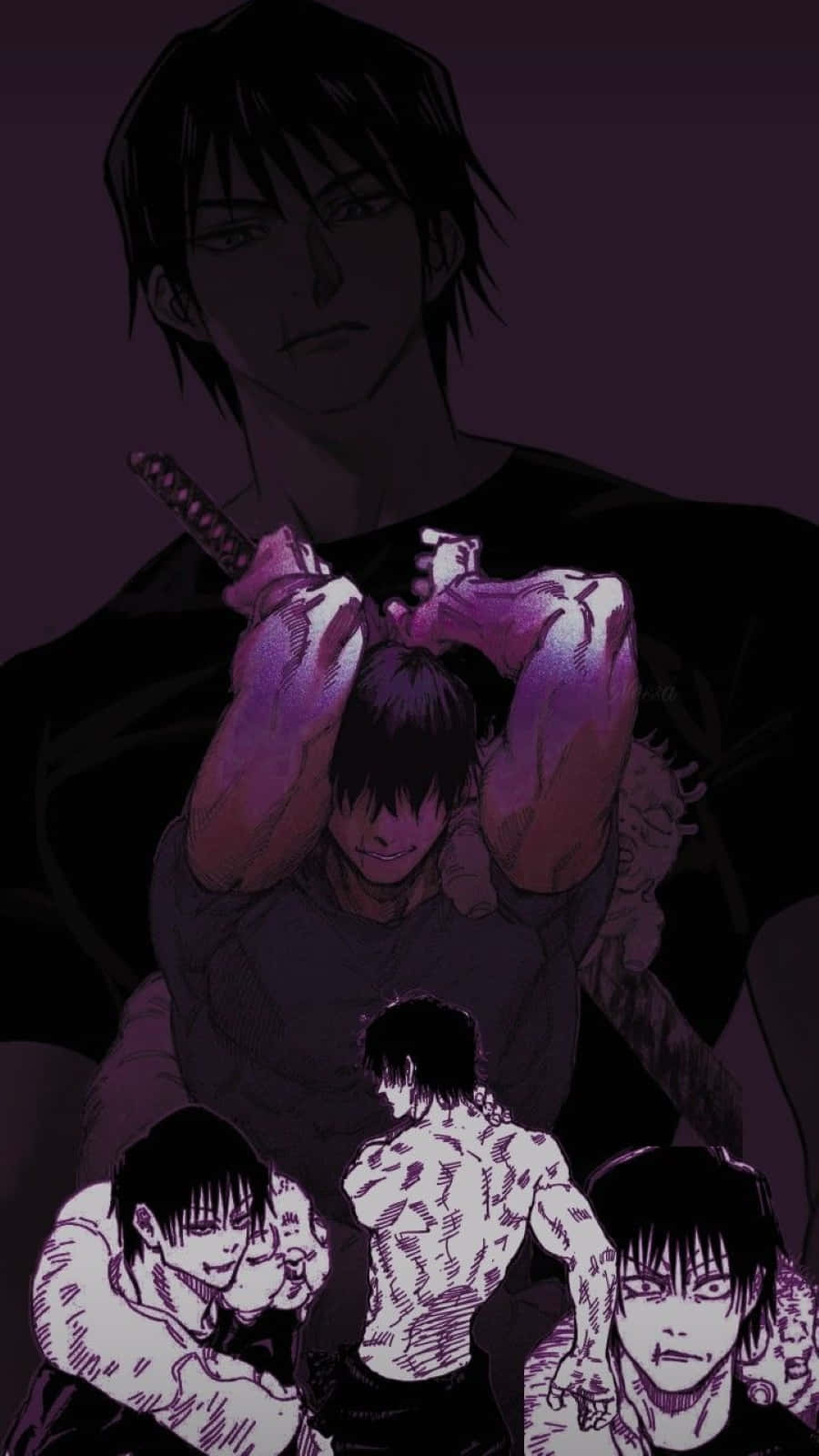 Toji Fushiguro 桌布 壁紙 — 一個黑暗的動漫場景，一個肌肉男拿著刀在另一個男人的頭上，而另外三個有刺青的男人在看著。