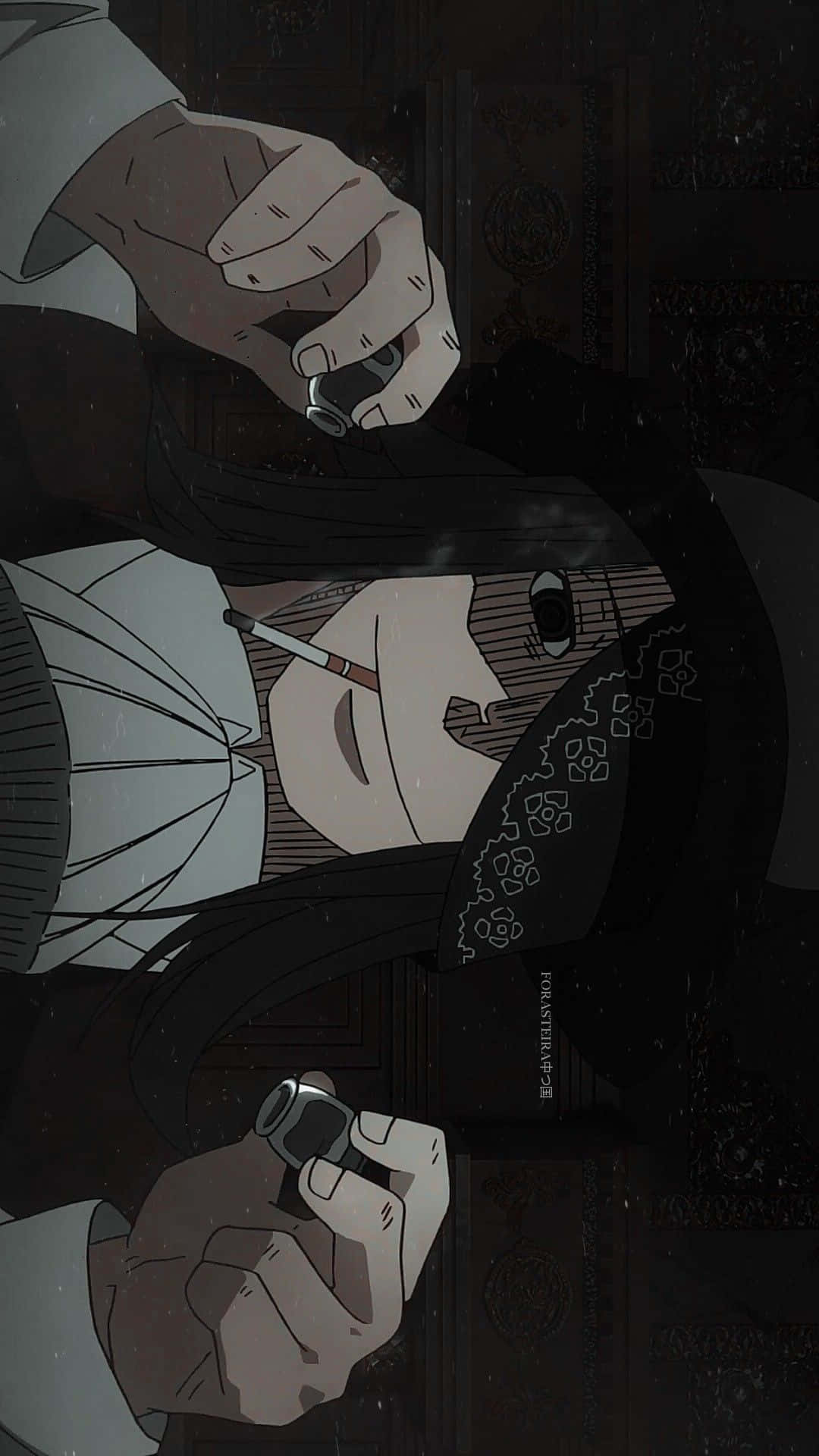 Fire Force Joker 桌布 壁紙 — 一個黑暗的動漫場景，顯示一個長黑髮的角色吸煙，而另一隻手在頭部附近拿著打火機。