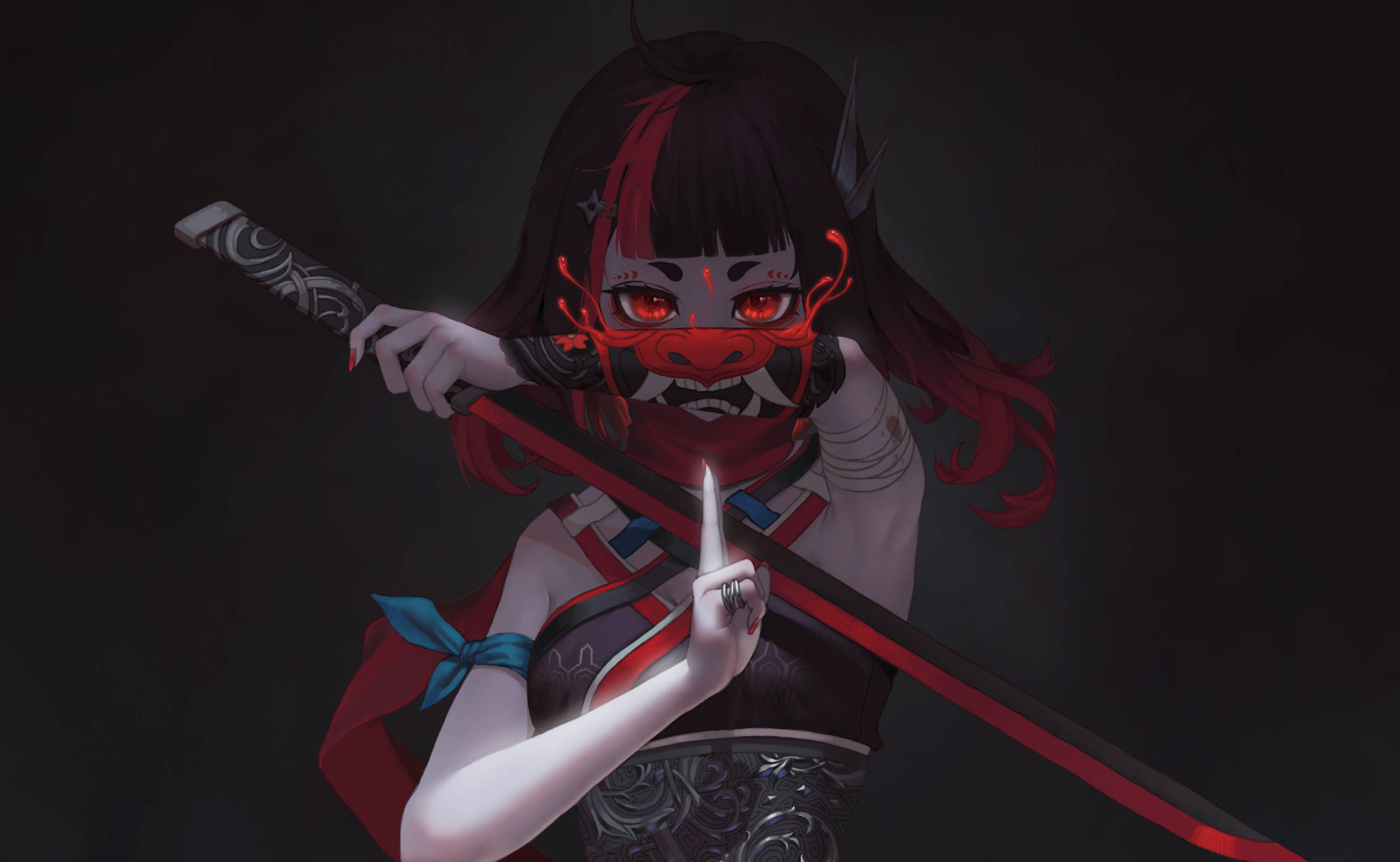 Oni 桌布 壁紙 — 一個黑暗的動漫女孩，戴著紅色惡魔面具，眼睛發光，在黑色背景前握著一把武士刀。