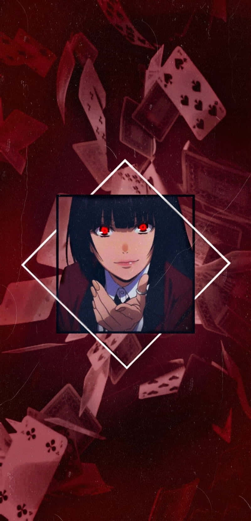 動漫 桌布 壁紙 — 一個黑暗的動漫女孩，擁有發光的紅色眼睛，被墜落的撲克牌框住，在深紅色的氛圍中。