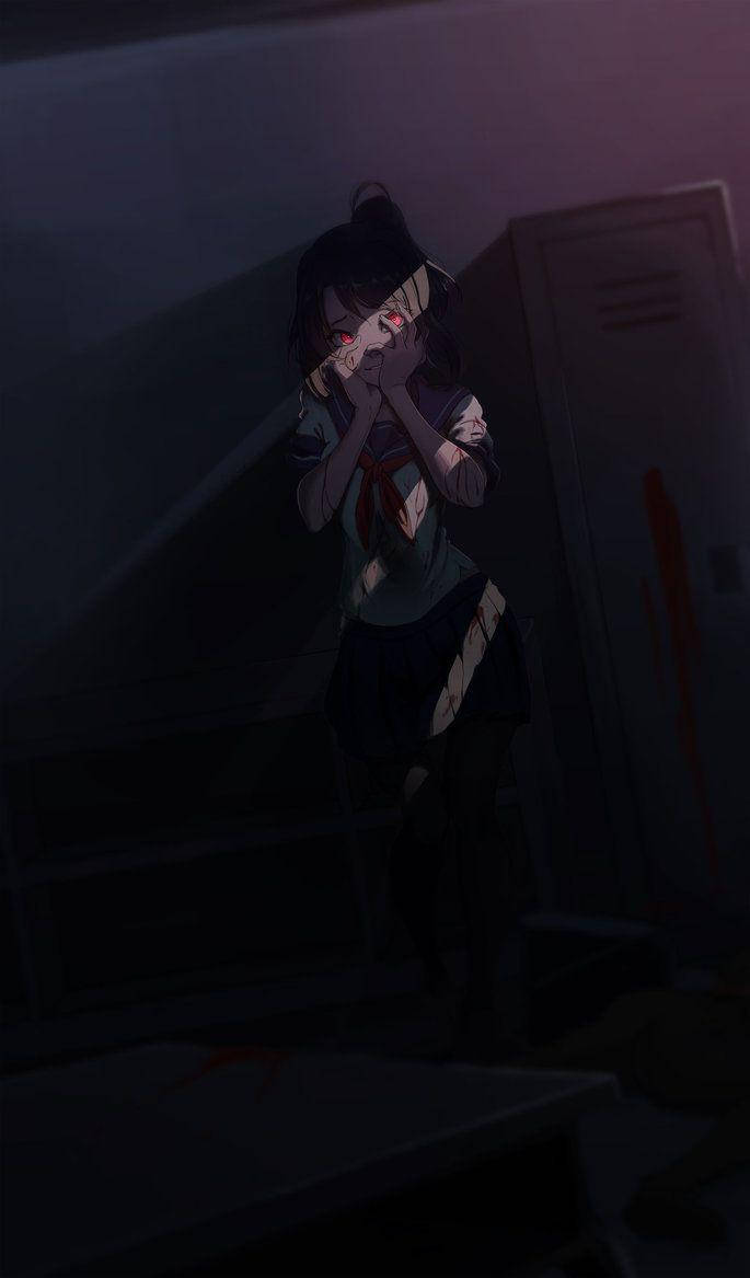 Yandere 桌布 壁紙 — 一個黑暗的動漫女孩，有著發光的紅色眼睛，在陰暗的學校走廊裡用血淋淋的刀遮住臉。