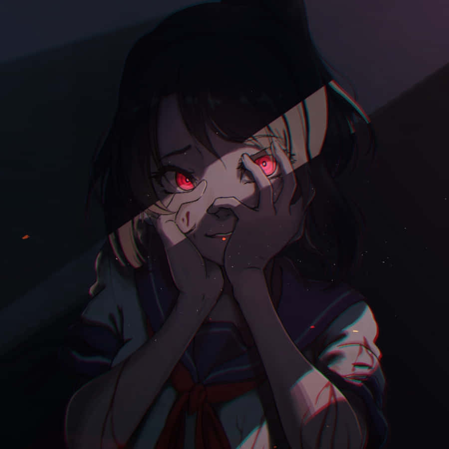動漫 桌布 壁紙 — 一個黑暗的動漫女孩，有著發光的紅眼睛和沾滿血的手，在陰暗的房間裡遮住她的臉。