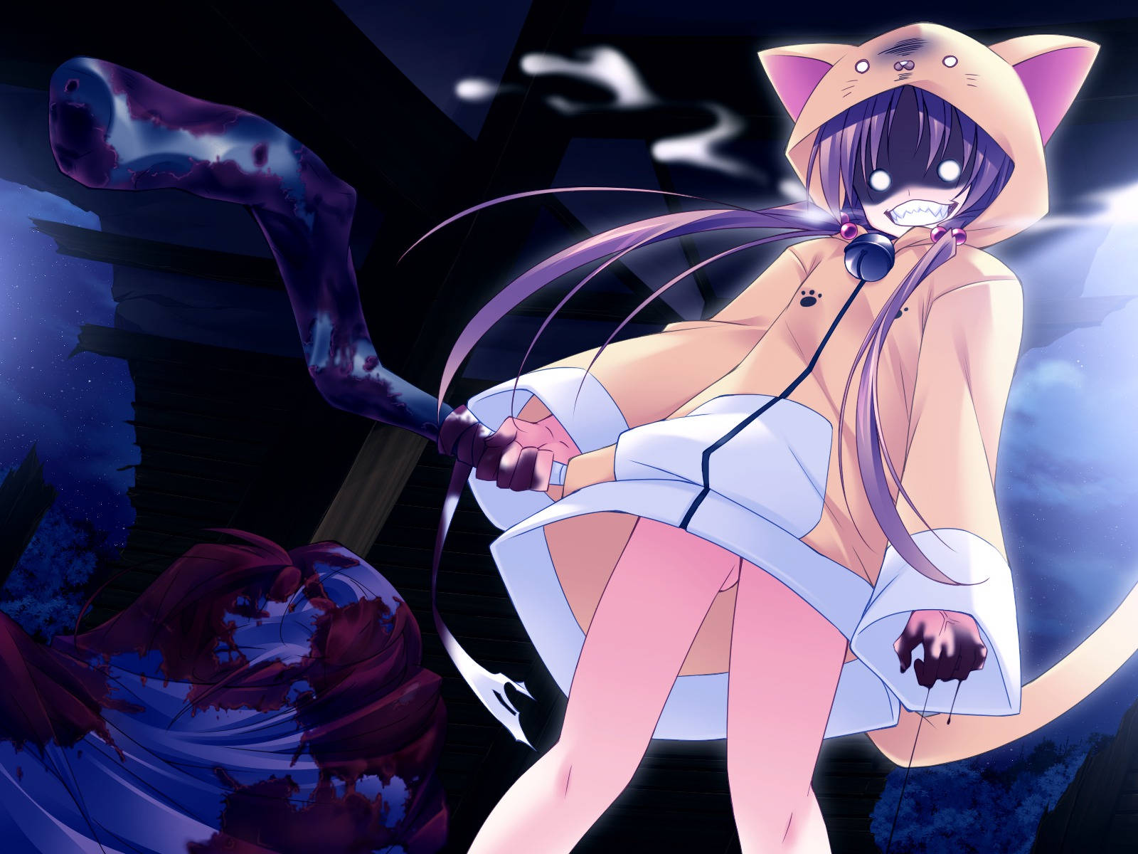 Hoodie 桌布 壁紙 — 一個黑暗的動漫女孩穿著貓咪連帽衫，在陰暗的夜晚背景下揮舞著血淋淋的武器。