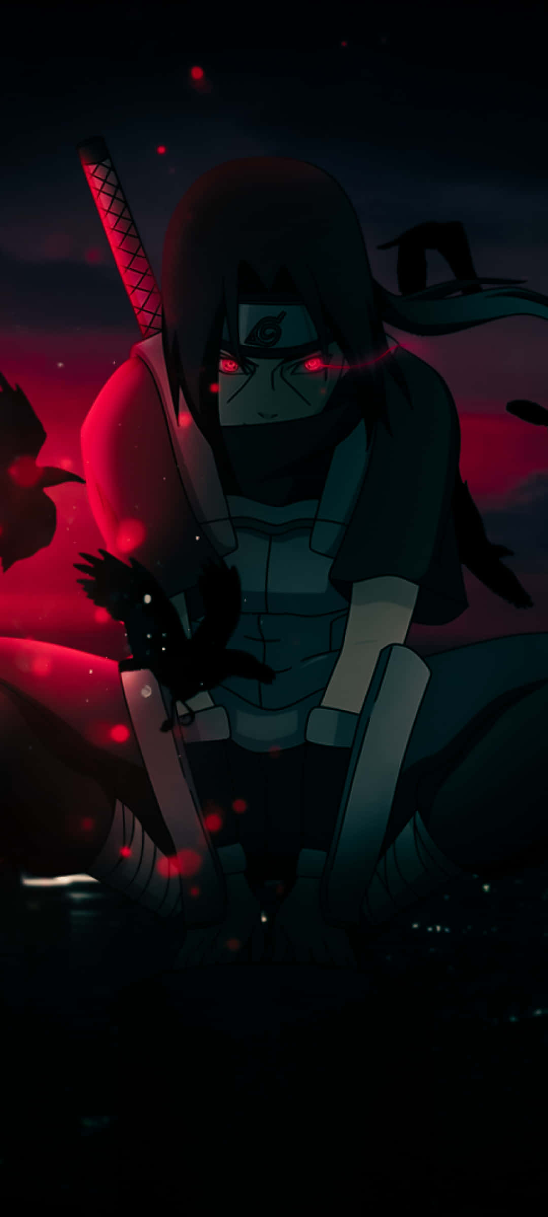 Uchiha iPhone 桌布 壁紙 — 一個黑暗的動漫戰士，擁有發光的紅色眼睛和一把劍，站在血紅色的暮色天空下，漂浮著粒子。