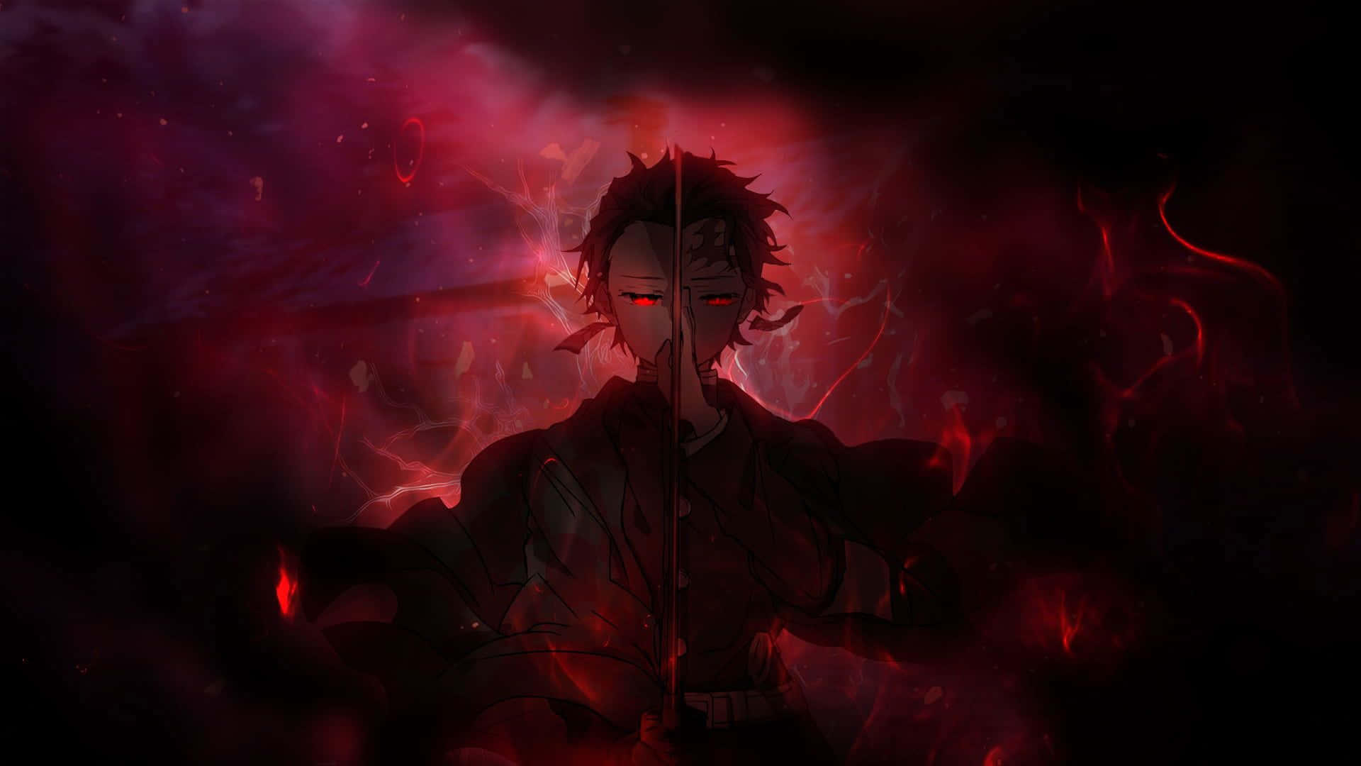 Demon Slayer Season 2 桌布 壁紙 — 一個黑暗的動漫戰士，擁有發光的紅色眼睛和一把劍，站在陰影背景中旋轉的深紅色能量之中。