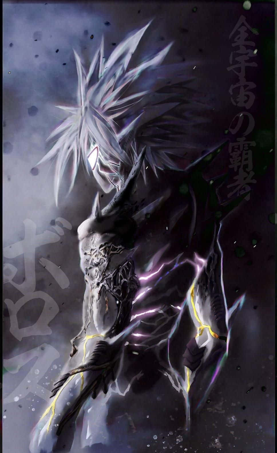 Lord Boros 桌布 壁紙 — 一個黑暗的動漫戰士，有著尖刺的白髮和發光的眼睛，站在暴風雨的虛空中，噼啪作響的電能。
