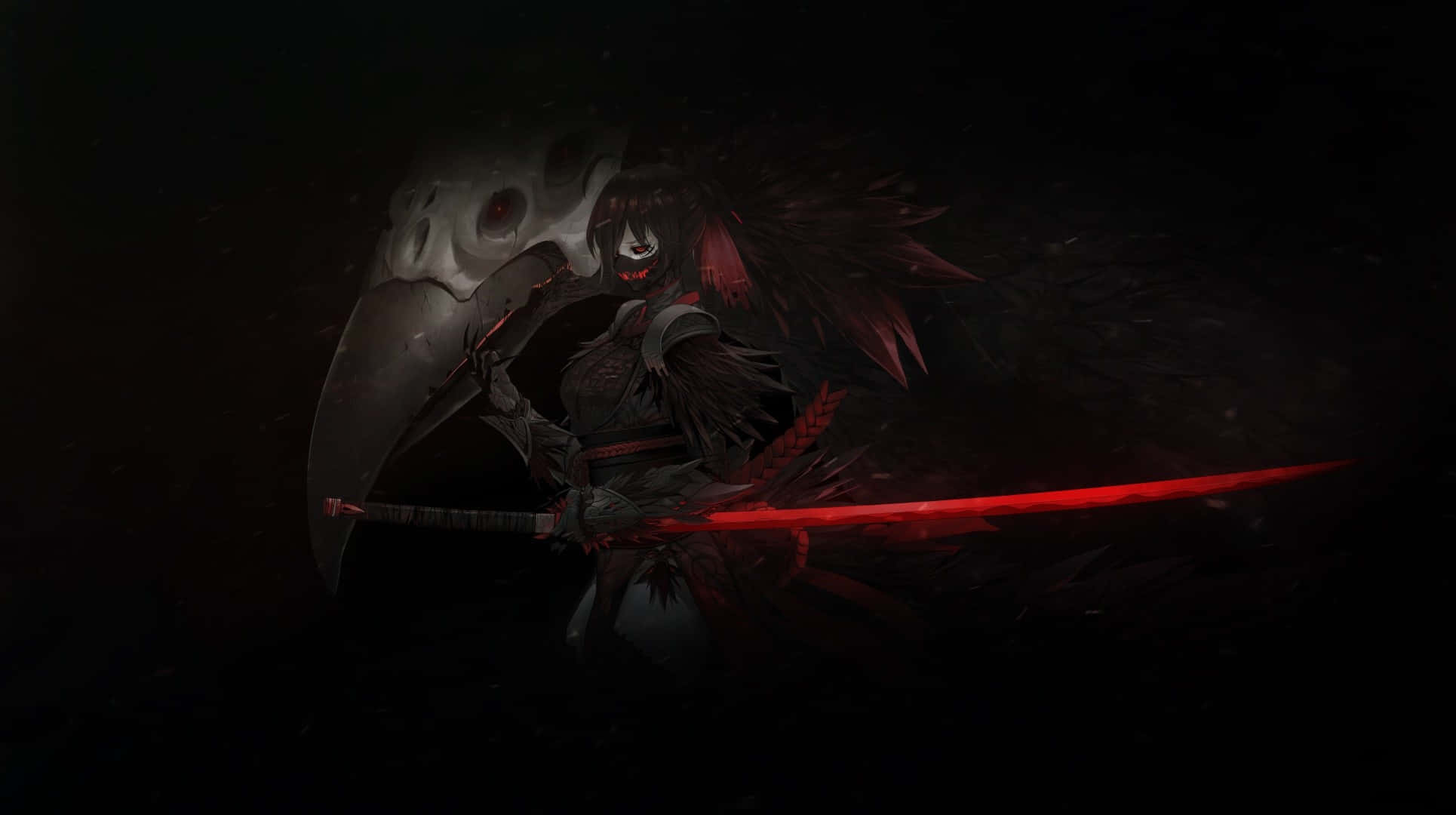 Dark Anime Girl 桌布 壁紙 — 一個黑暗的動漫戰士，眼睛發出紅光，在陰影虛空中揮舞著一把發光的紅色劍，旁邊有一隻巨大的骷髏鳥。