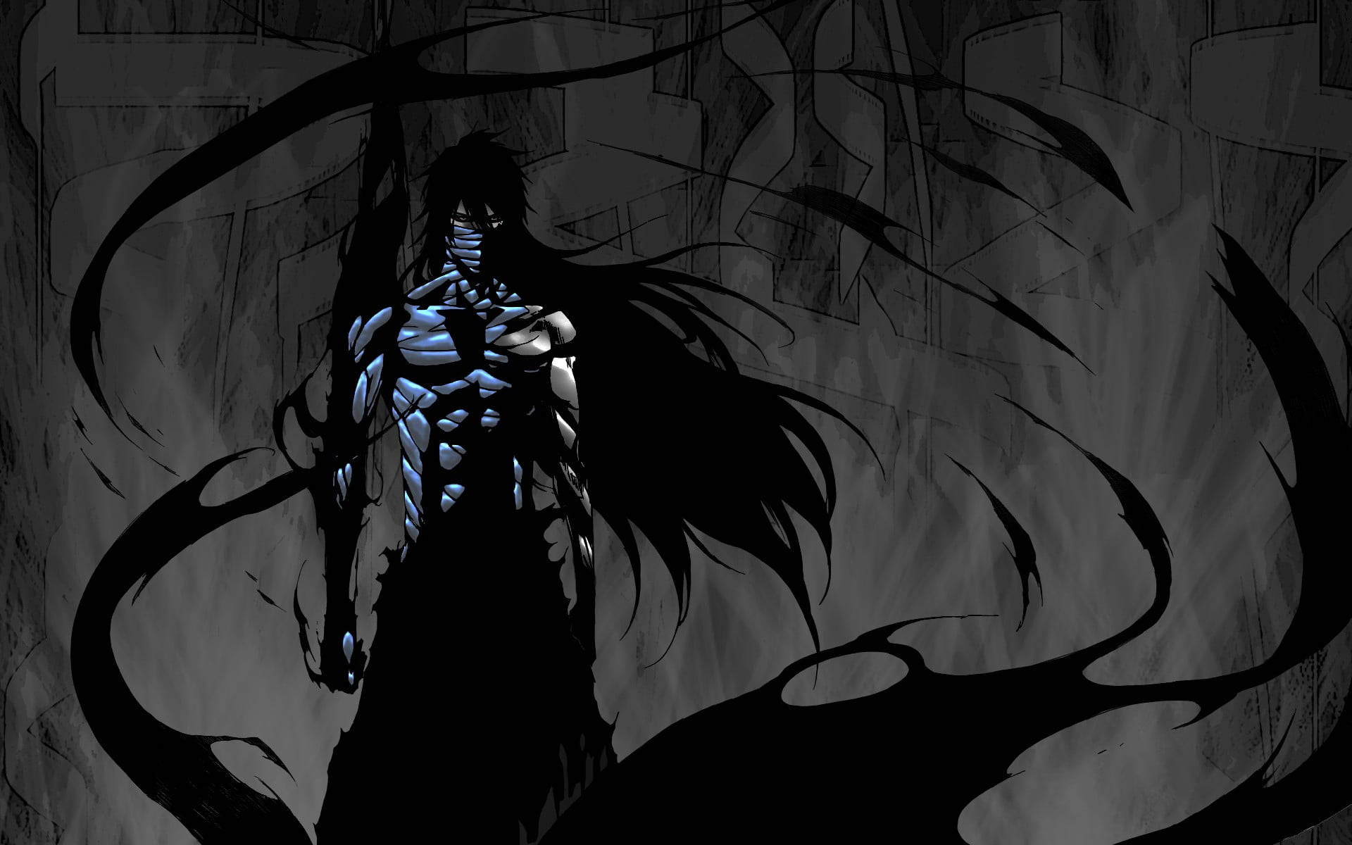 Black And White Anime 桌布 壁紙 — 一個黑暗的動漫戰士，身穿發光的藍色盔甲，飄逸著黑色長髮，站在旋轉的陰影觸手之中，背景是粗糙的石牆。