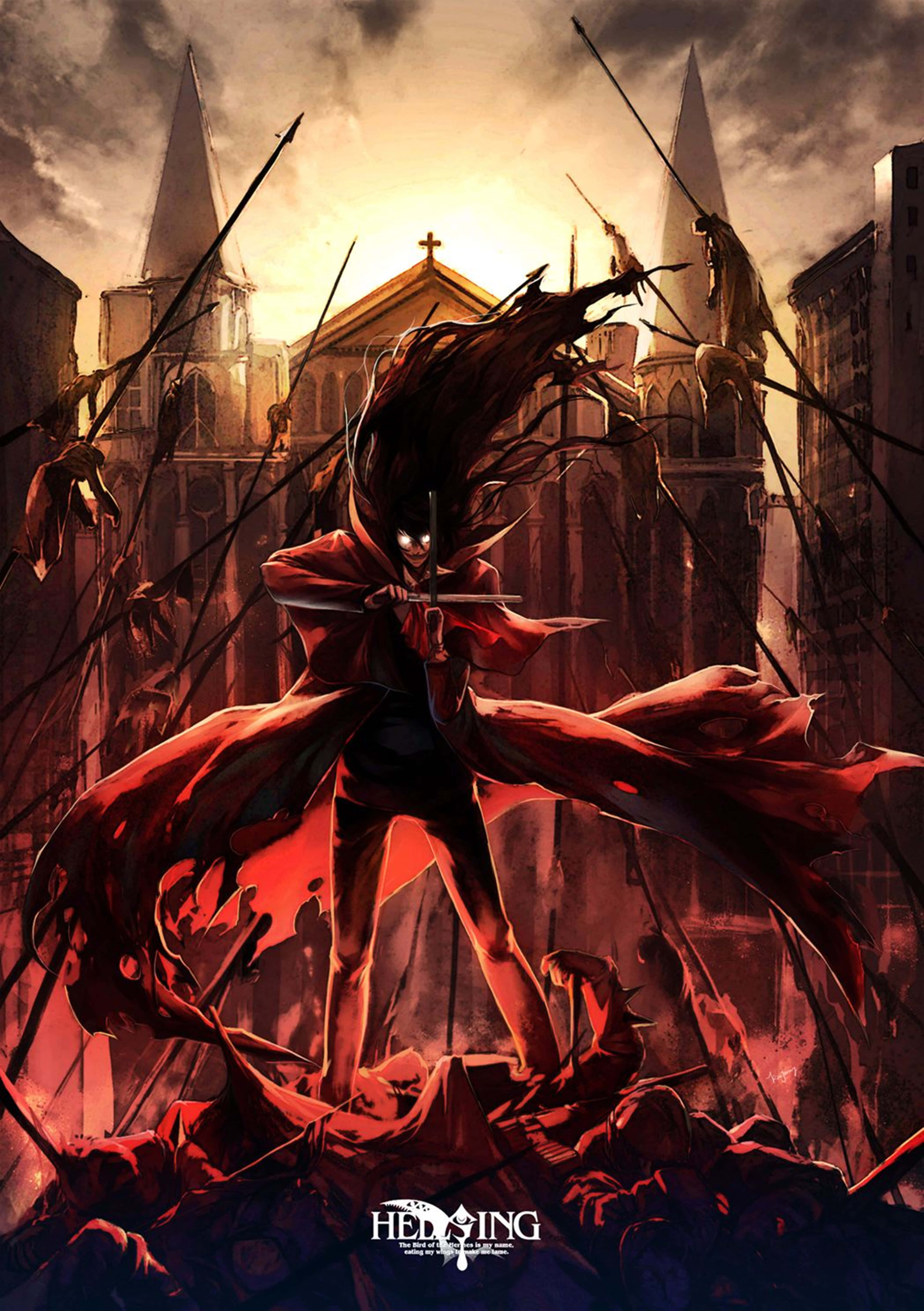 Hellsing Ultimate 4K 桌布 壁紙 — 一個黑暗的動漫戰士，身穿飄逸的紅色斗篷，在哥德式城市景觀中揮舞著劍，背景是夕陽和骷髏人物。