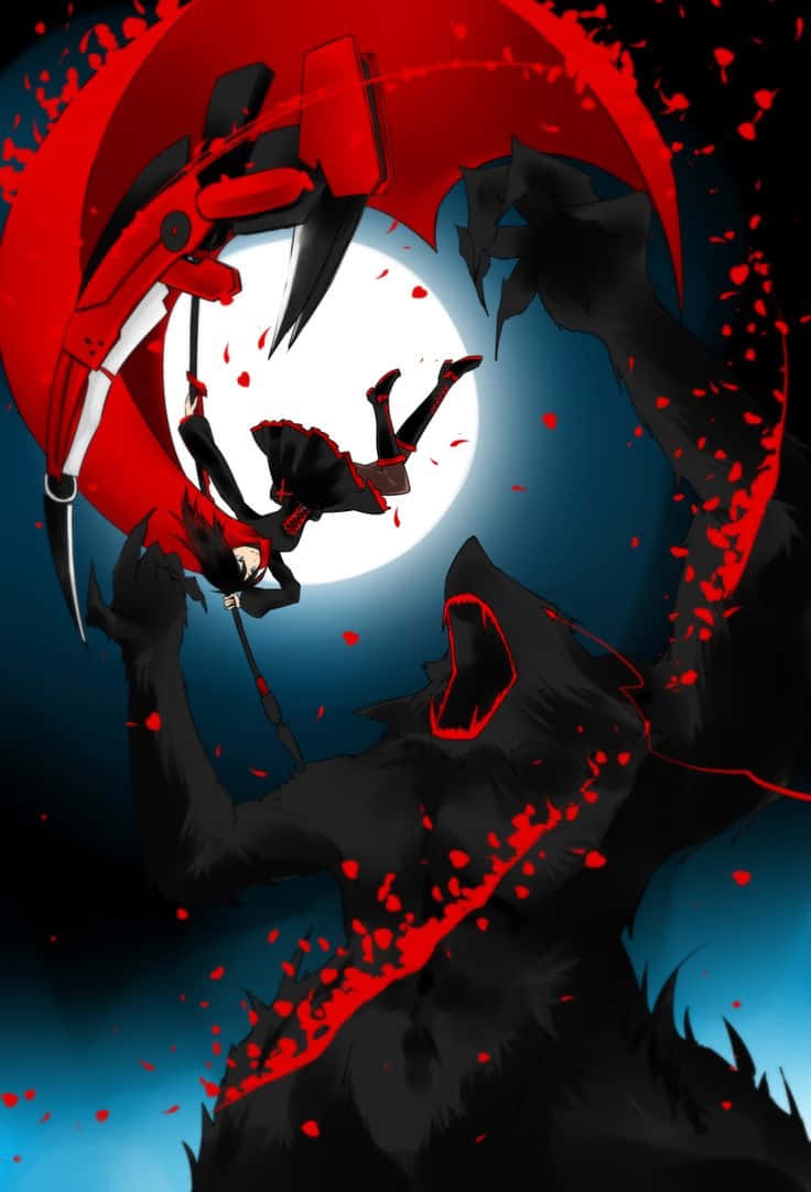 Rwby 桌布 壁紙 — 一個黑暗的動漫戰士在發光的白色月亮下揮舞著紅色鐮刀對抗一個巨大的黑色怪物。