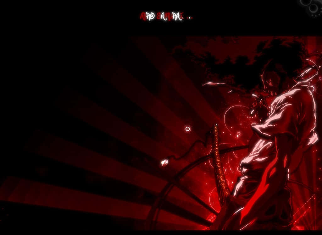 Afro Samurai 桌布 壁紙 — 一個黑暗的動漫戰士在紅光中揮舞著發光的劍，背景是黑色，帶有放射狀的紅色條紋。