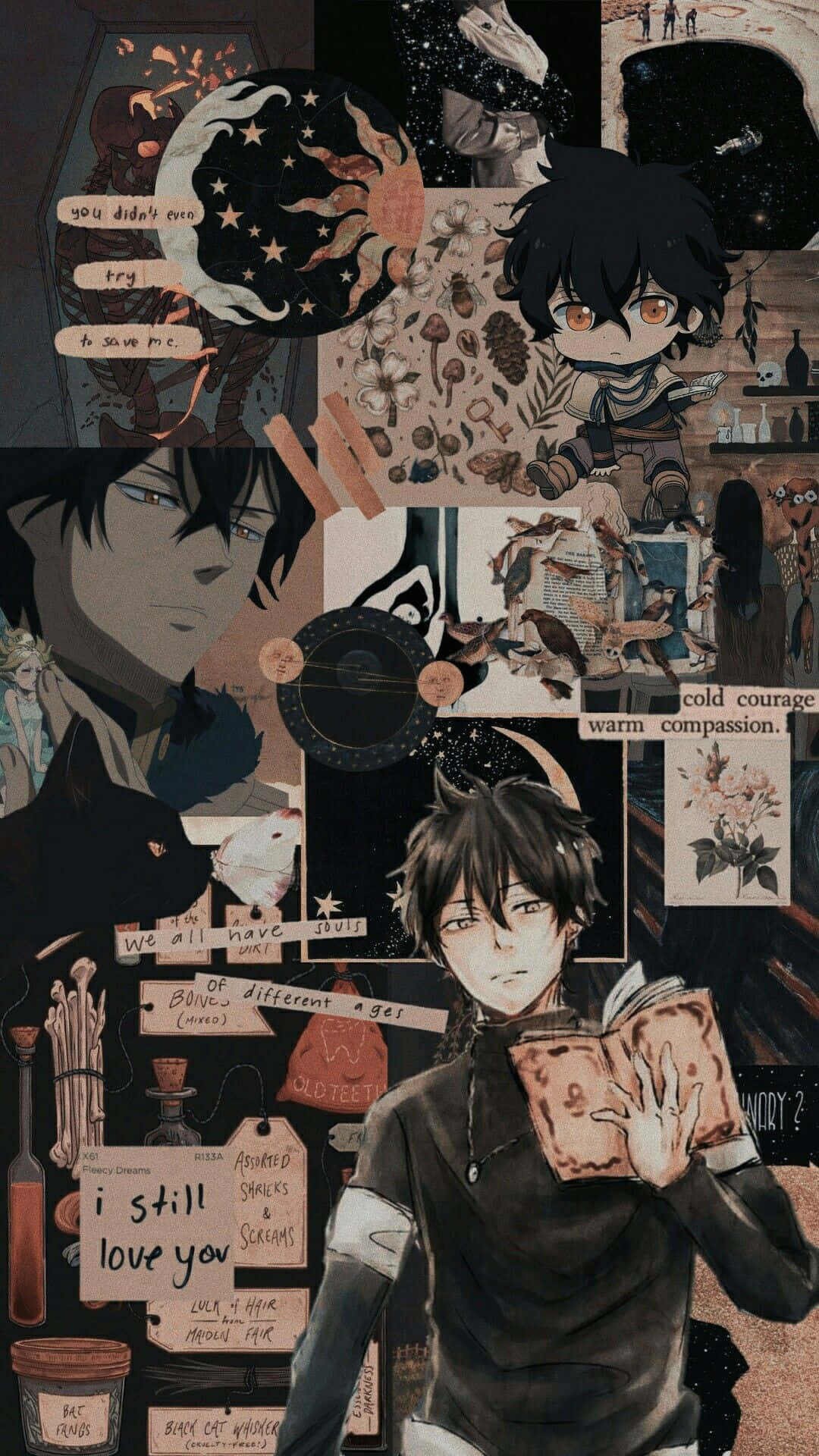 Black Clover Anime 桌布 壁紙 — 一個黑暗的動漫拼貼畫，描繪一個男孩在讀書，周圍環繞著名言、自然圖案和天體圖像。