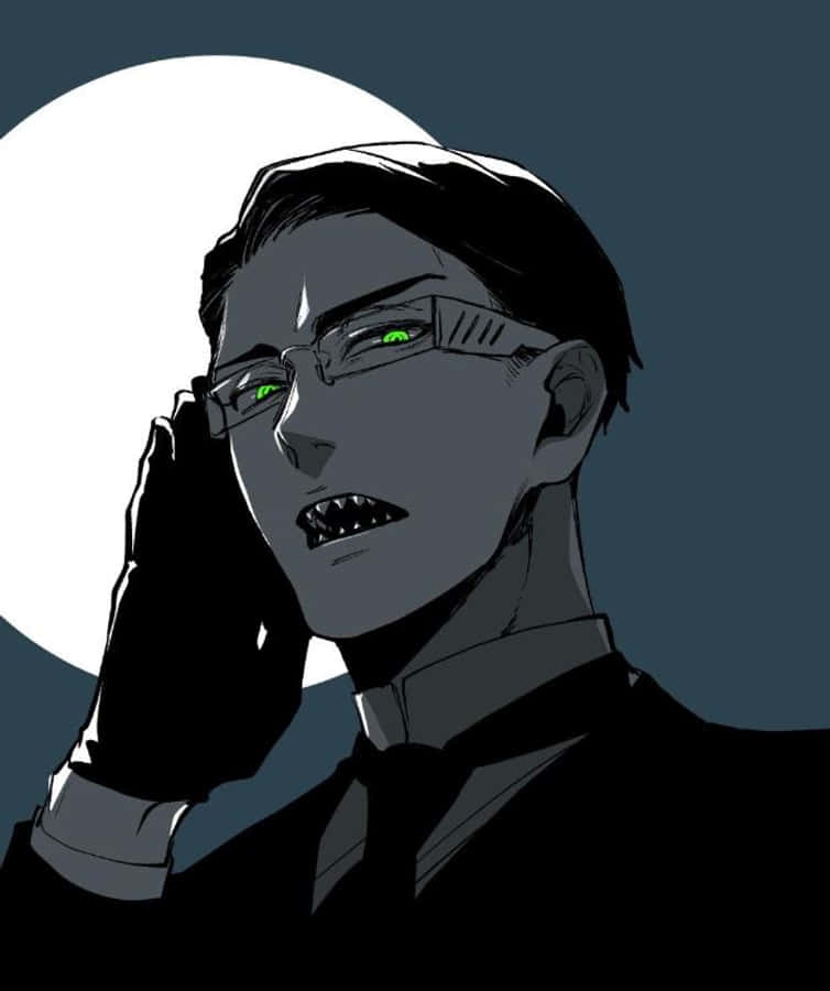 William T. Spears 桌布 壁紙 — 一個黑暗的動漫男子，擁有發光的綠色眼睛和鋒利的牙齒，在滿月背景下將手放在耳朵上。