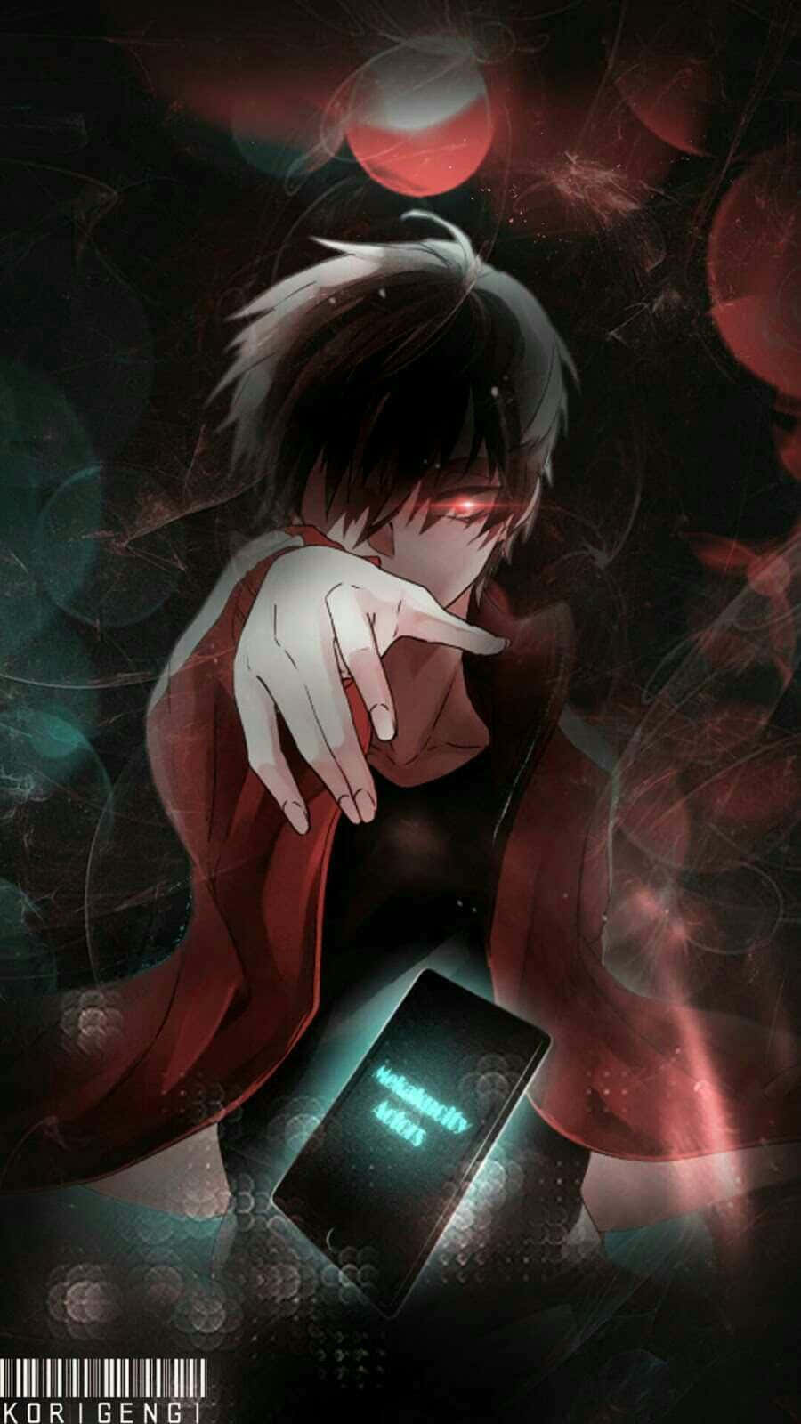Bad Boy Anime 桌布 壁紙 — 一個黑暗的動漫男孩，眼睛發出紅光，指著一部顯示「無限愛」的手機，背景是旋轉的紅色和藍綠色宇宙背景。