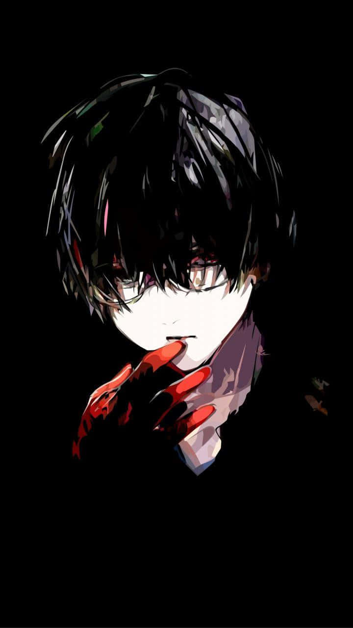 Dark Anime Boy 桌布 壁紙 — 一個黑暗的動漫男孩，黑髮，戴紅色手套的手遮住嘴巴，背景為黑色。