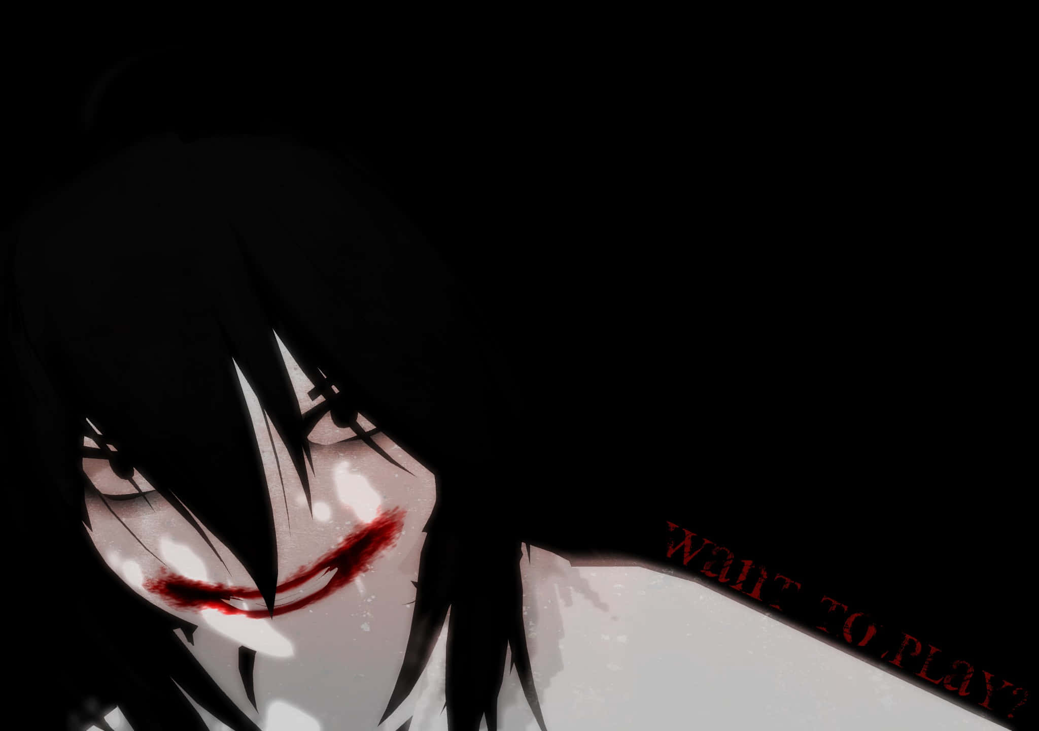 Jeff The Killer 桌布 壁紙 — 一個黑暗的動漫角色，帶著血跡斑斑的笑容和發光的眼睛，在黑色背景上紅色文字寫著「WANT TO PLAY?」的襯托下，凝視著。