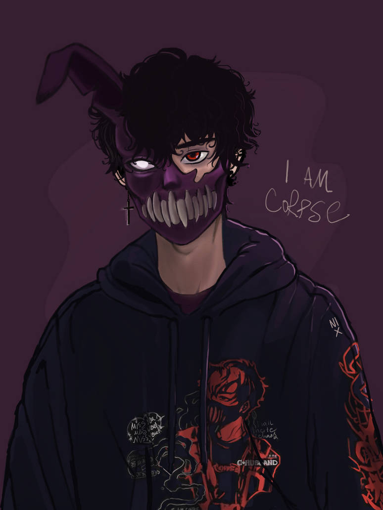 Corpse 桌布 壁紙 — 一個黑暗的動漫角色，戴著紫色骷髏面具和兔耳，穿著帶有紅色紋身的連帽衫，背景是深紫色。