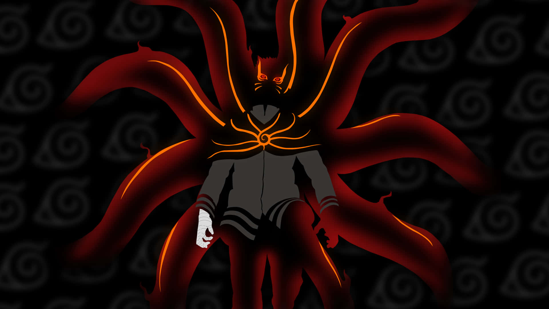 Naruto Black 桌布 壁紙 — 一個黑暗的動漫角色，擁有九條發光的紅色尾巴，站在帶有螺旋符號的黑色背景前。