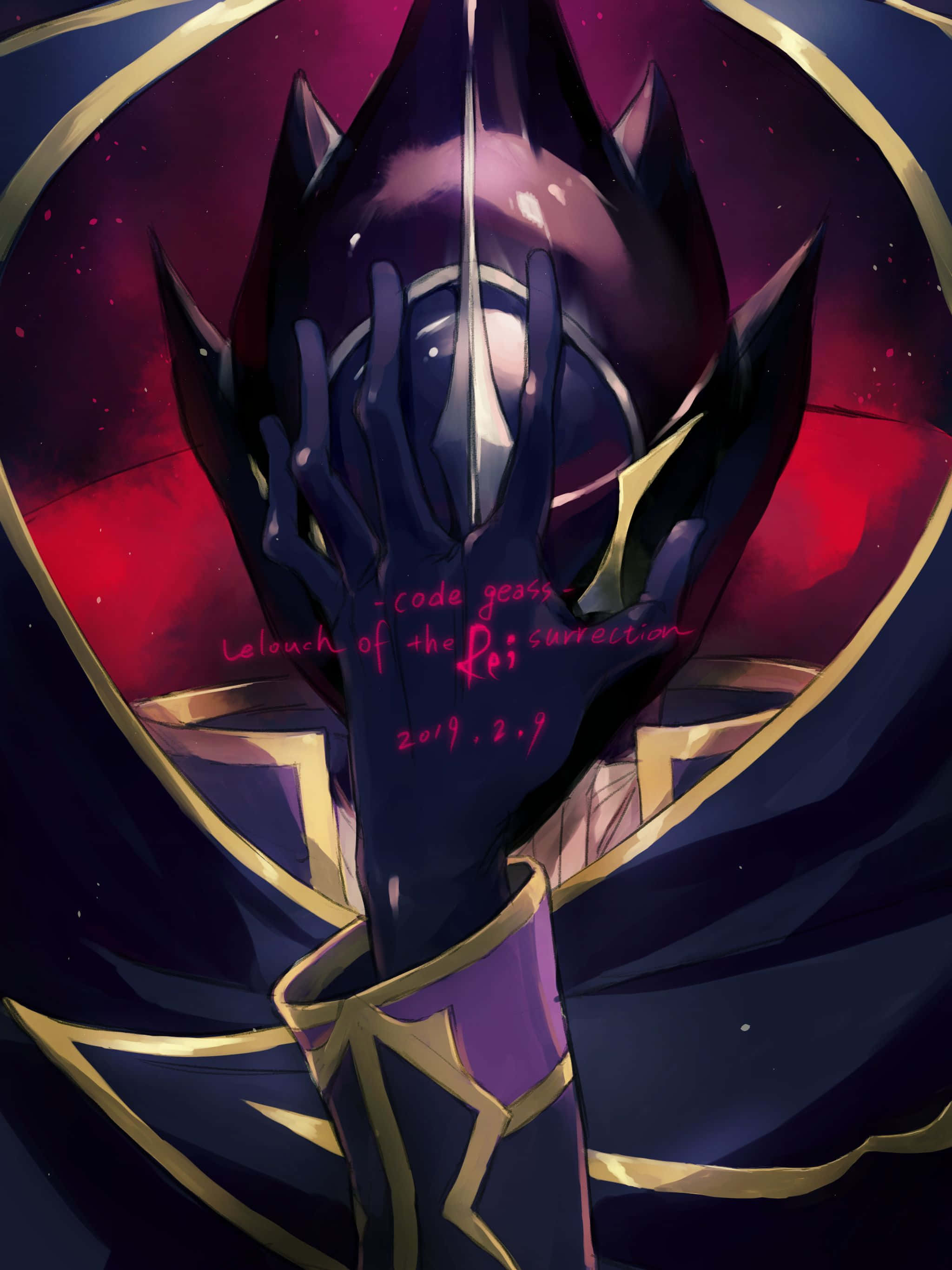 lelouch lamperouge 桌布 壁紙 — 一個黑暗的動漫角色，擁有發光的眼睛和金色盔甲，手持發光的劍，背景是宇宙紅色和紫色。
