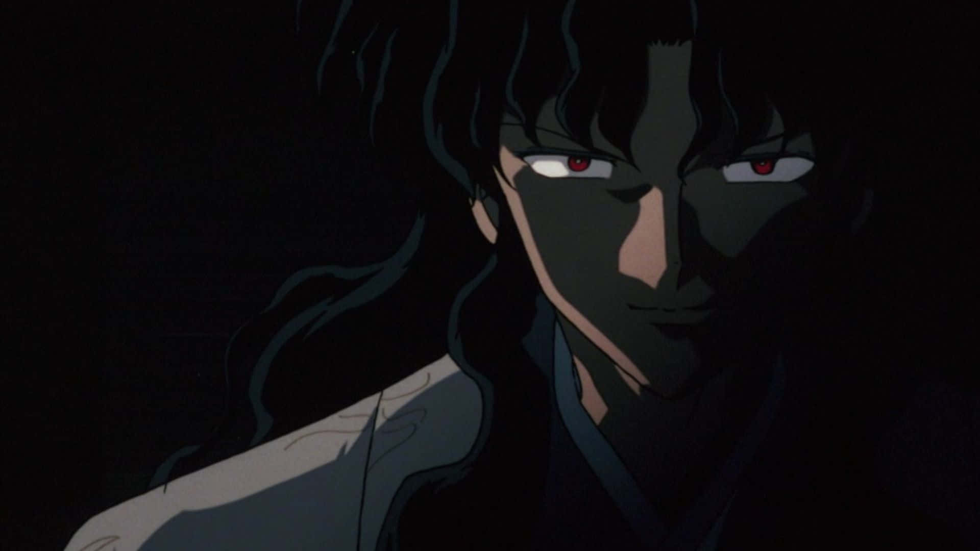 Naraku 桌布 壁紙 — 一個黑暗的動漫角色，擁有發光的紅色眼睛和長長的黑髮，在陰影黑暗中強烈凝視。