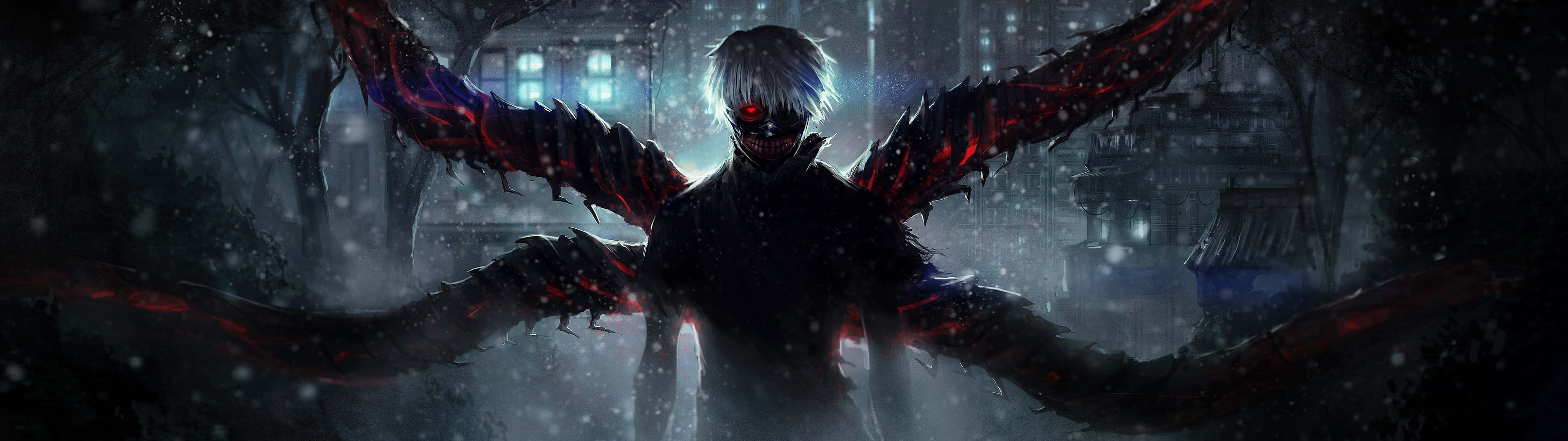 3840 X 1080 Anime HD 桌布 壁紙 — 一個黑暗的動漫角色，擁有發光的紅色眼睛和鋸齒狀翅膀，站在風暴天空下積雪的城市廢墟中。