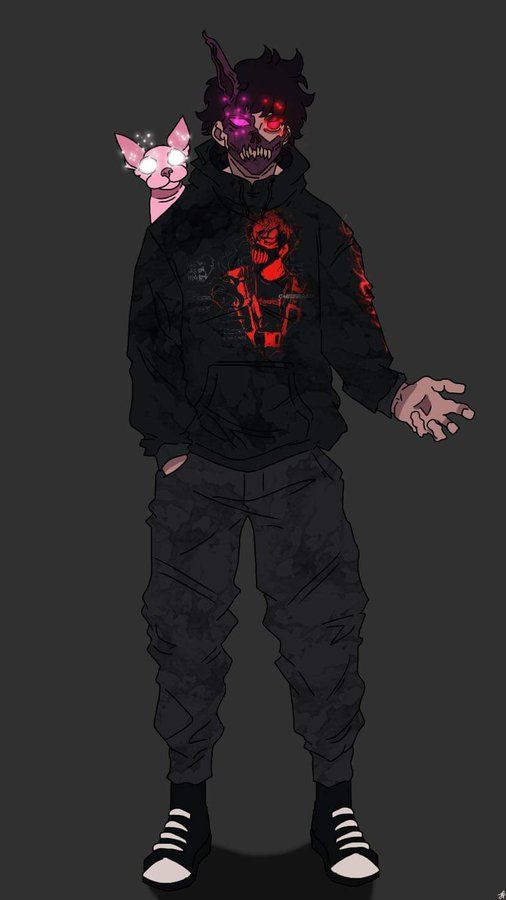 Corpse 桌布 壁紙 — 一個黑暗的動漫角色，擁有發光的紅色眼睛和粉紅色的貓咪夥伴，站在灰色背景前。