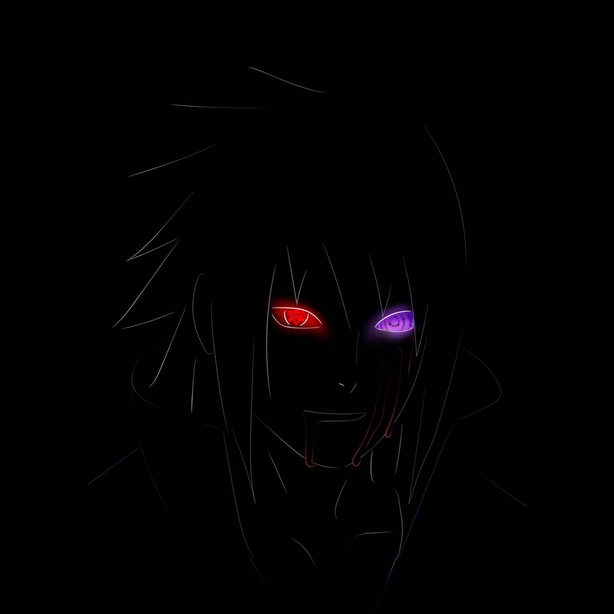 Sasuke 桌布 壁紙 — 一個黑暗的動漫角色，擁有發光的紅色和紫色眼睛，白色輪廓，背景為黑色。