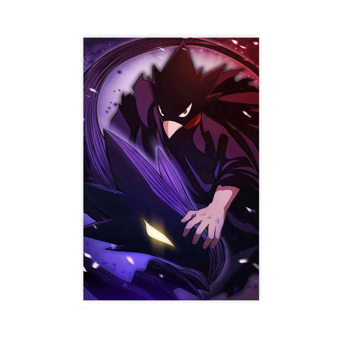 Fumikage Tokoyami 桌布 壁紙 — 一個黑暗的動漫角色，擁有發光的紅色眼睛和紫色光環，在宇宙背景下擺出動態姿勢。