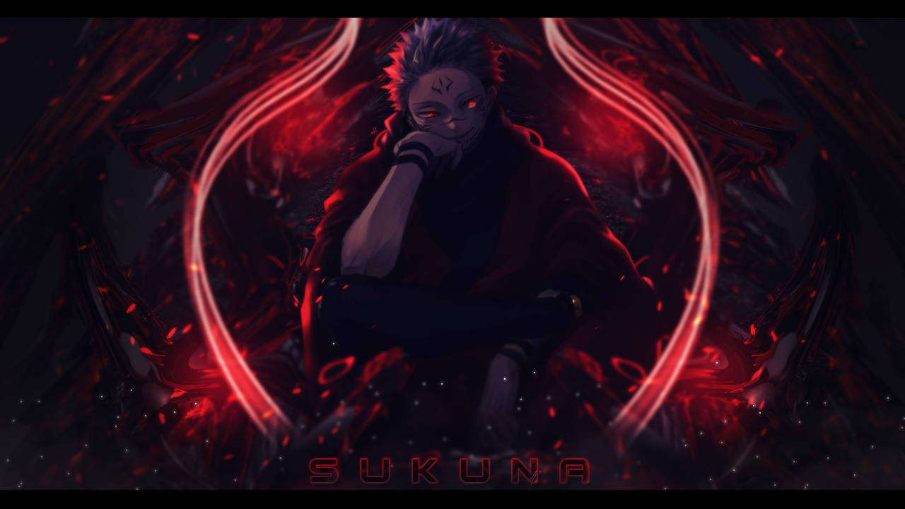 Sukuna 桌布 壁紙 — 一個黑暗的動漫角色，擁有發光的紅色眼睛，坐在旋轉的深紅色能量和漂浮粒子之中。