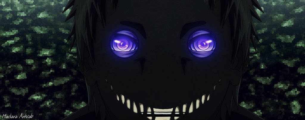 Zetsu 桌布 壁紙 — 一個黑暗的動漫角色，擁有發光的紫色眼睛和寬闊的露齒笑容，背景是模糊的綠色。