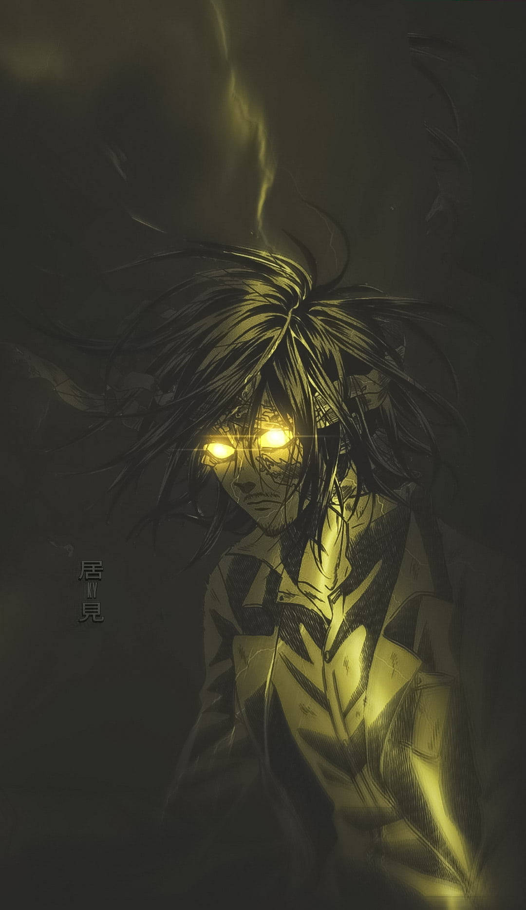 Eren 桌布 壁紙 — 一個黑暗的動漫角色，擁有發光的黃色眼睛和凌亂的頭髮，站在陰影的憂鬱中，被詭異的金色光芒照亮。
