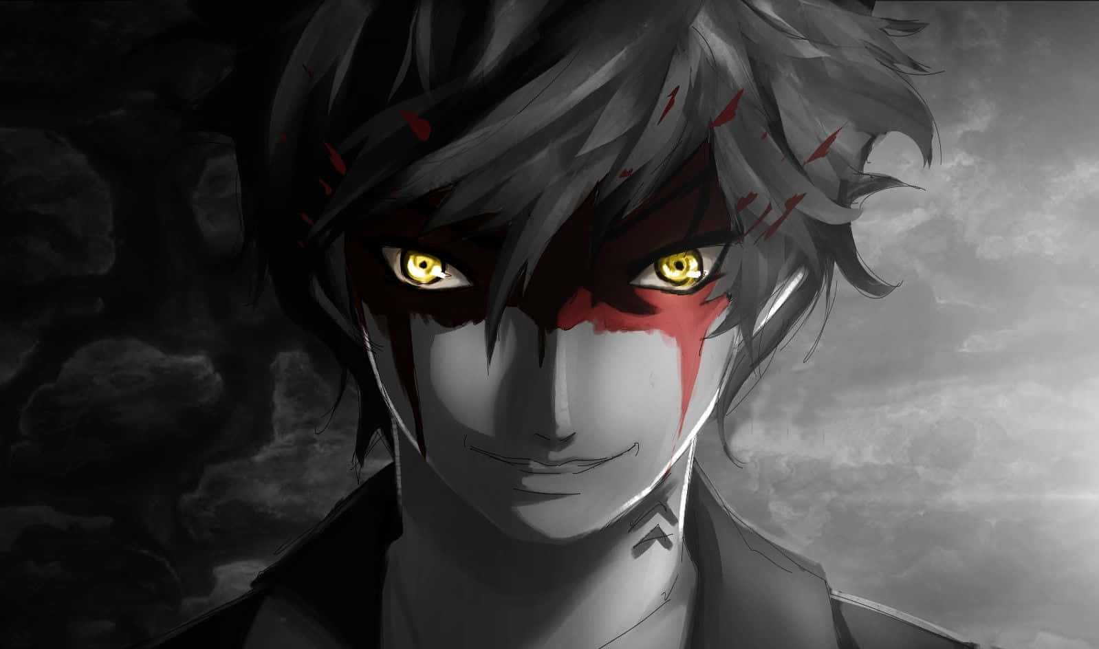 ren amamiya 桌布 壁紙 — 一個黑暗的動漫角色，擁有發光的黃色眼睛和臉上的紅色條紋，在暴風雨的灰色背景下強烈凝視。