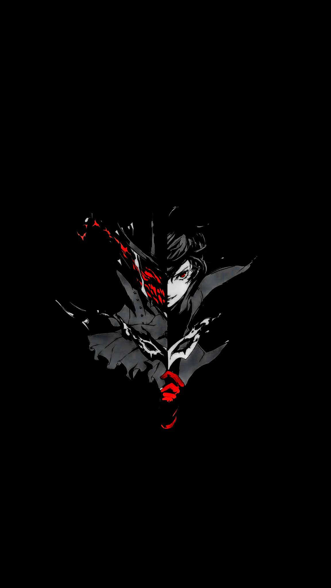AMOLED 桌布 壁紙 — 一個黑暗的動漫角色，擁有紅色眼睛和類似血跡的標記，站在黑色背景前。