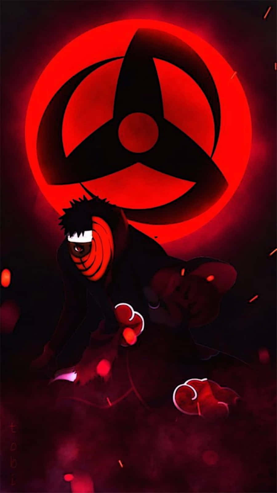 Akatsuki Tobi 桌布 壁紙 — 一個黑暗的動漫角色，擁有紅色眼睛和斗篷，站在一個發光的紅色寫輪眼符號前，背景是煙霧繚繞的深紅色氛圍。